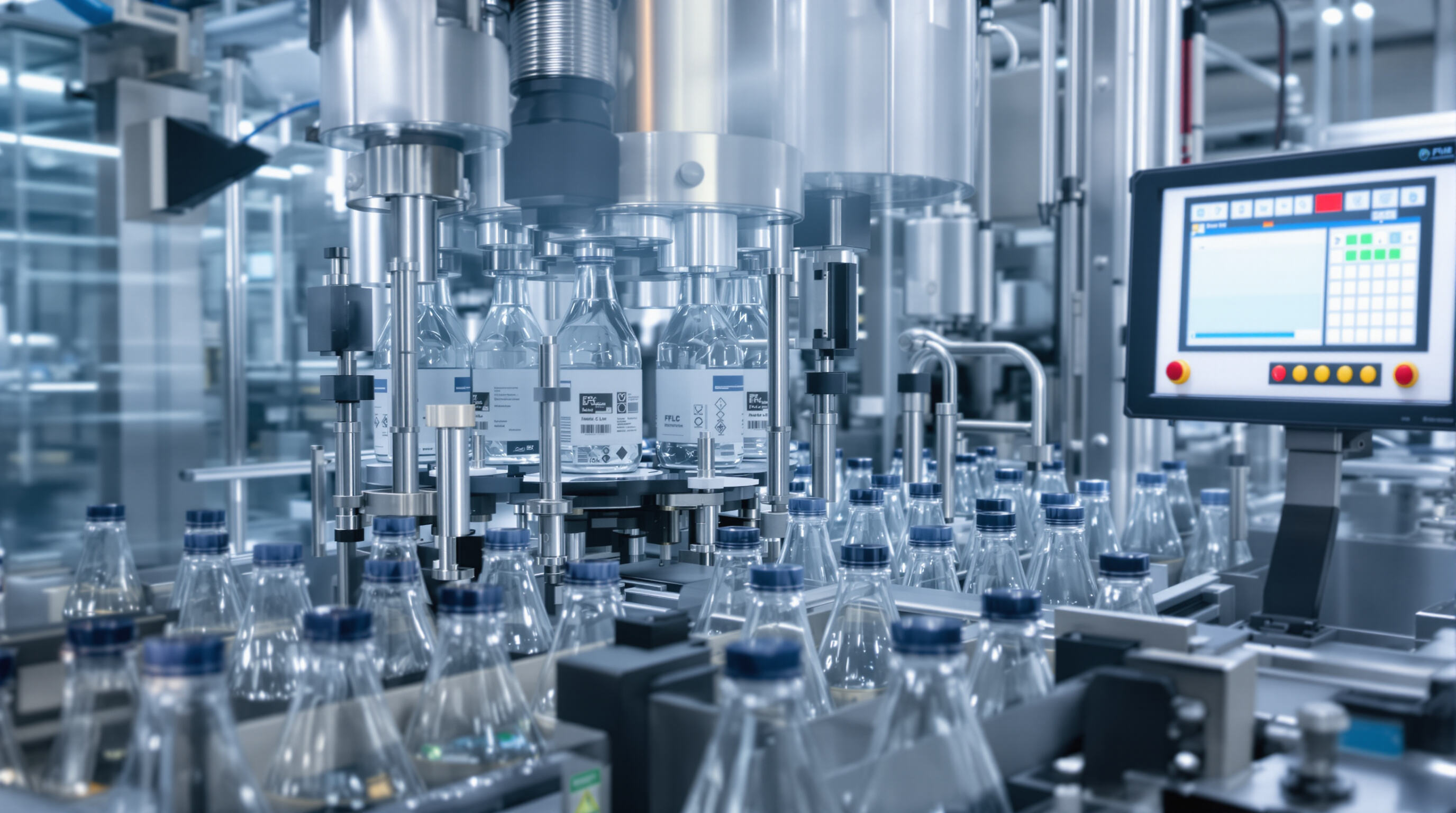 Close-up of a modern bottling machine showing filling, capping, and labeling in a high-tech production line.