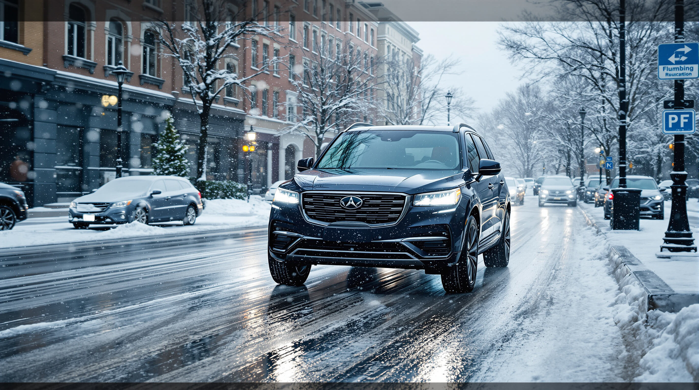 SUV driving on snowy and icy urban roads demonstrating four wheel drive traction