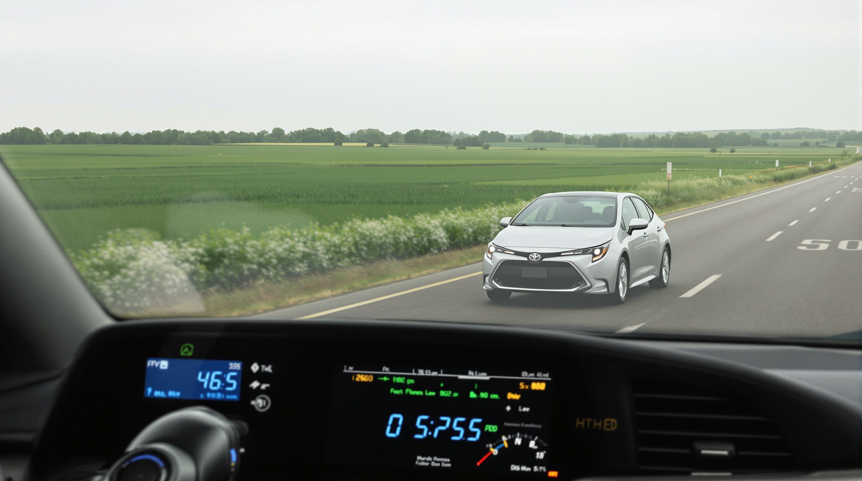 A used Toyota Corolla on a road, with fuel imagery representing efficiency and cost savings