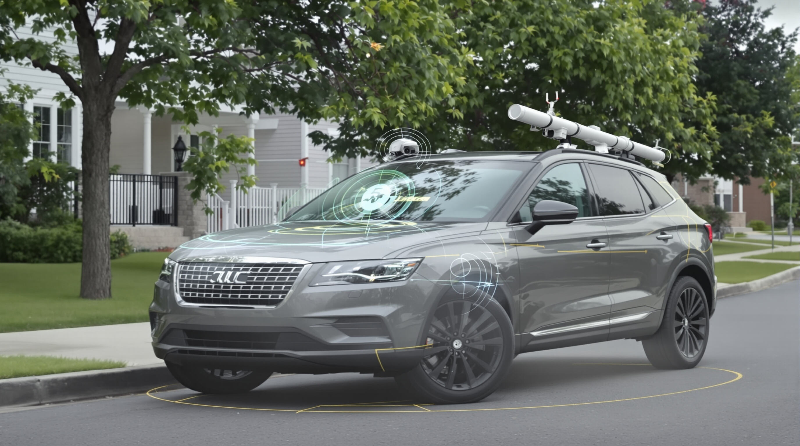 Photorealistic image of an SUV highlighting built-in safety sensors and cameras on front and side