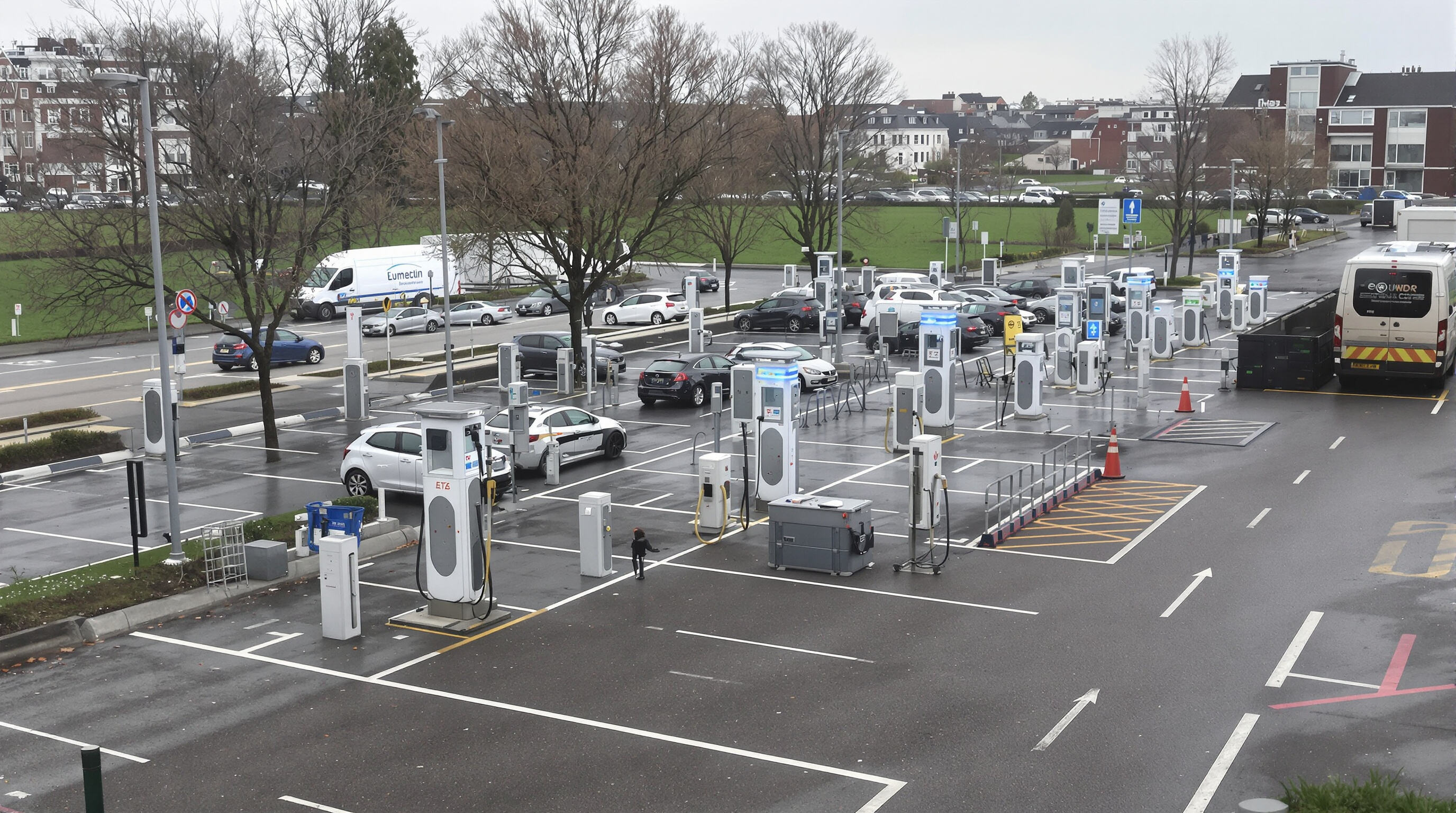 Urban and rural EV charging stations with cars waiting and some chargers out of service