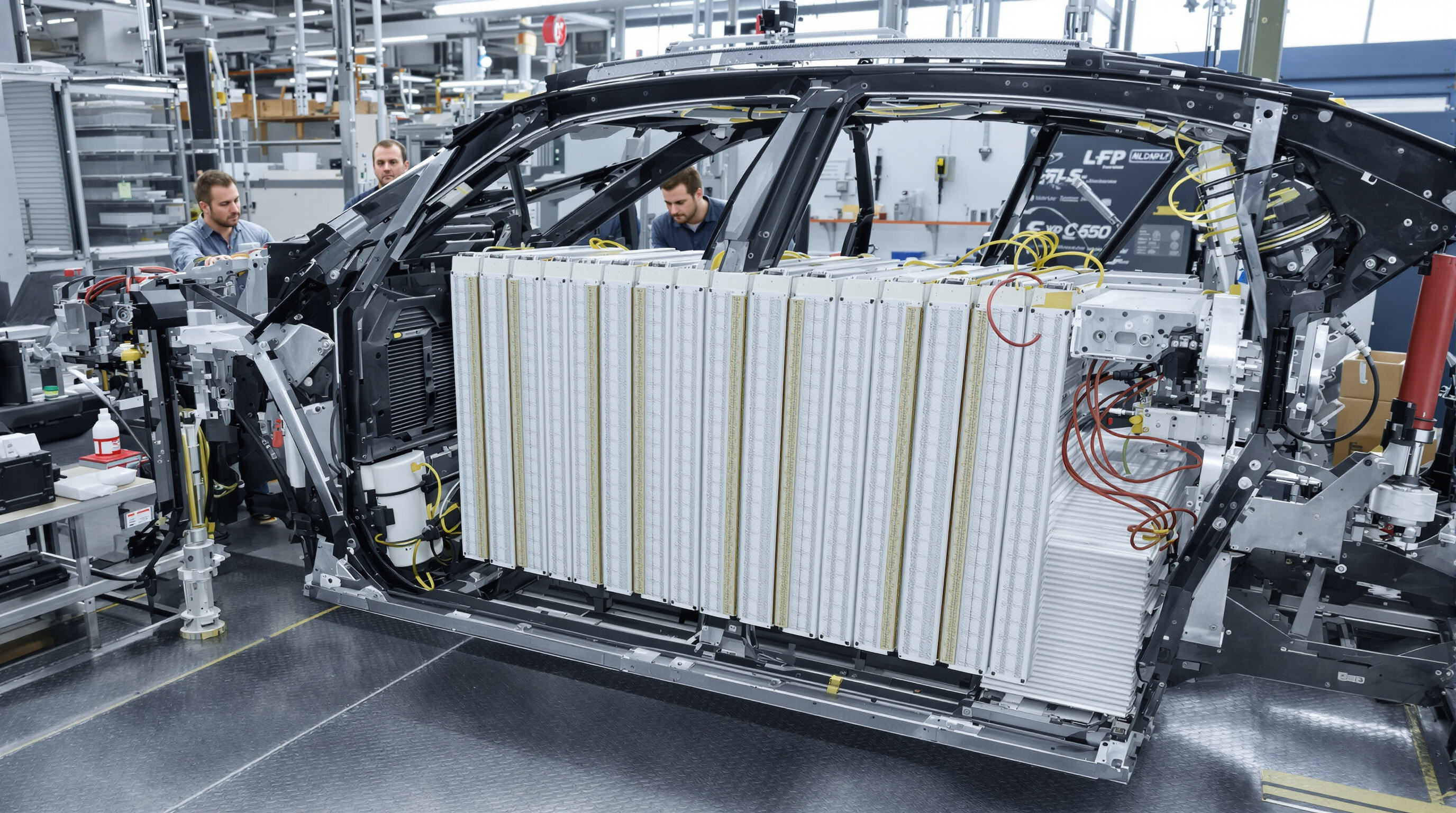 Photo showing blade-shaped battery modules integrated into an EV chassis, highlighting efficiency and safety.
