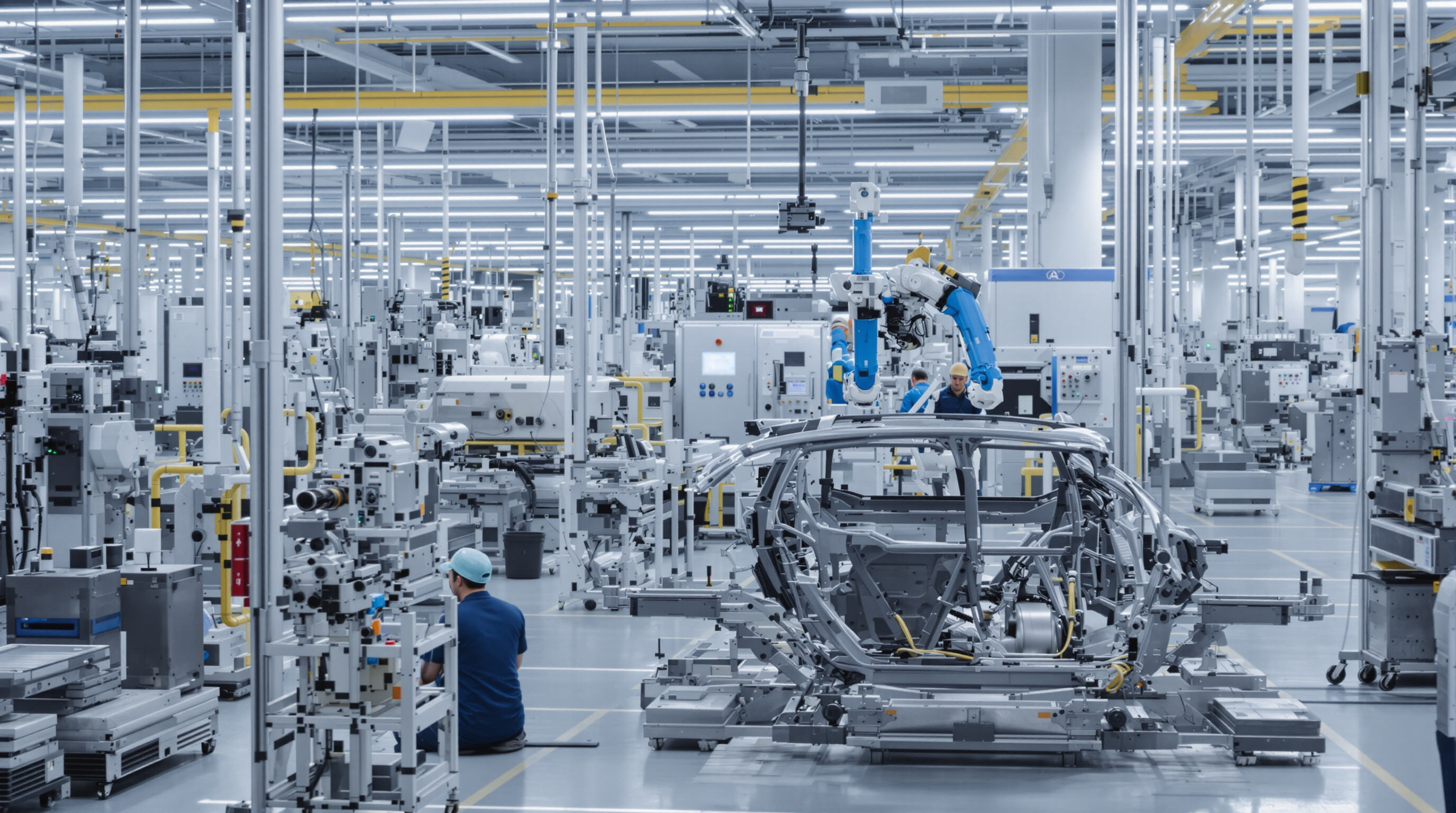 Photo of a modern EV factory with in-house battery and chip manufacturing, showing integrated supply chain.