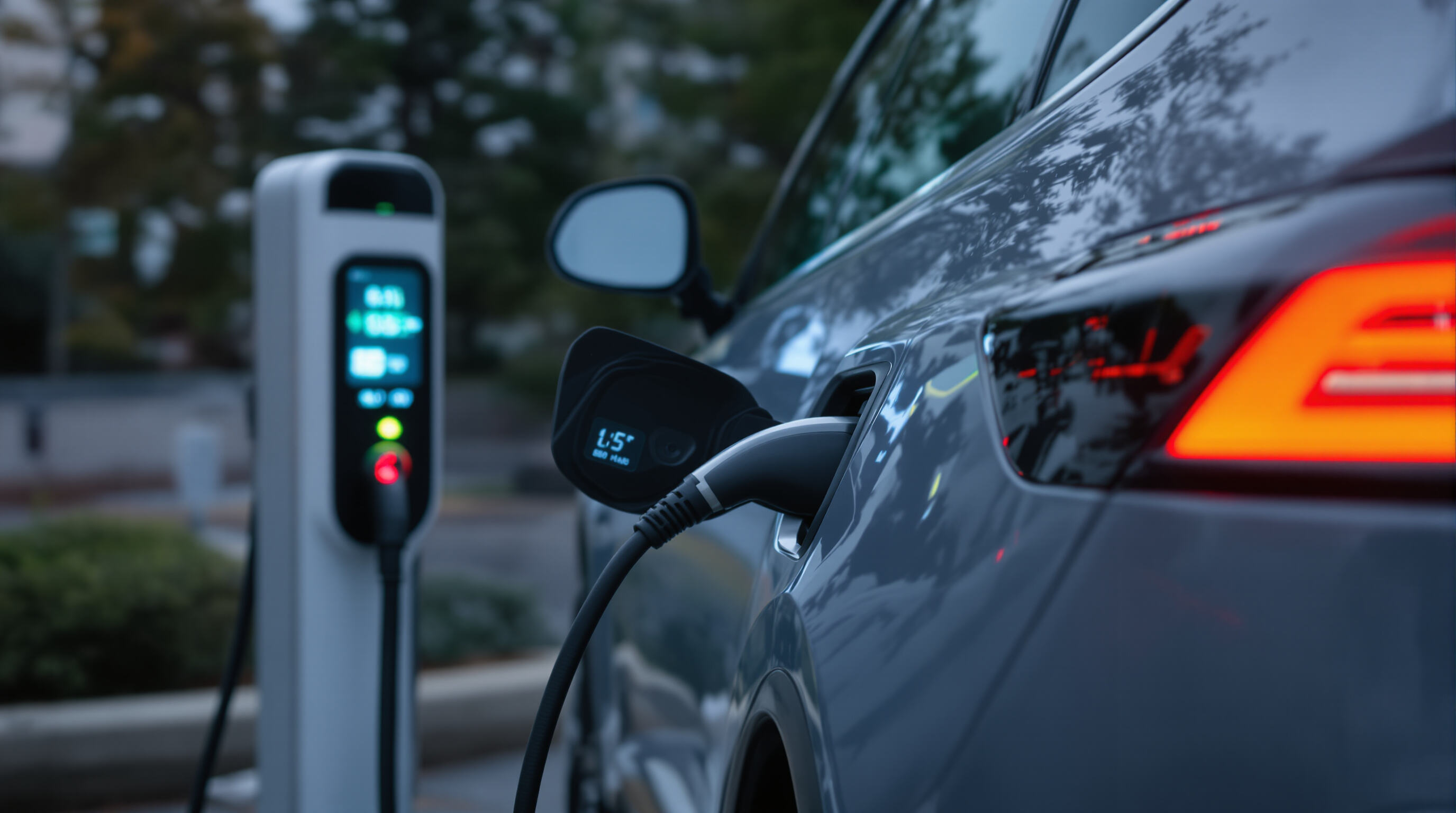 Photo of an electric SUV charging at a fast-charging station with dashboard showing energy transfer