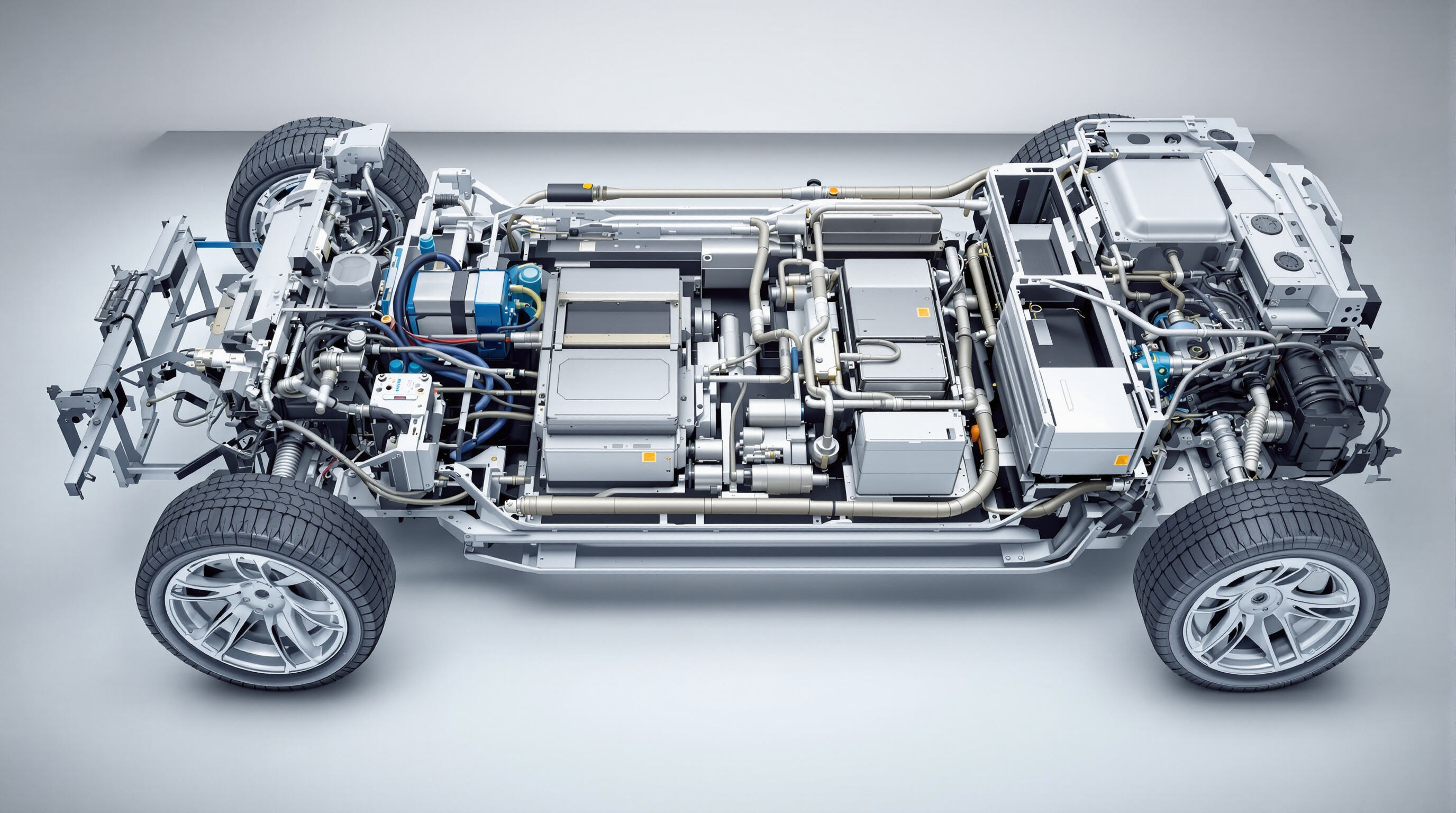 Electric vehicle chassis showcasing integrated battery, motor, and controller components