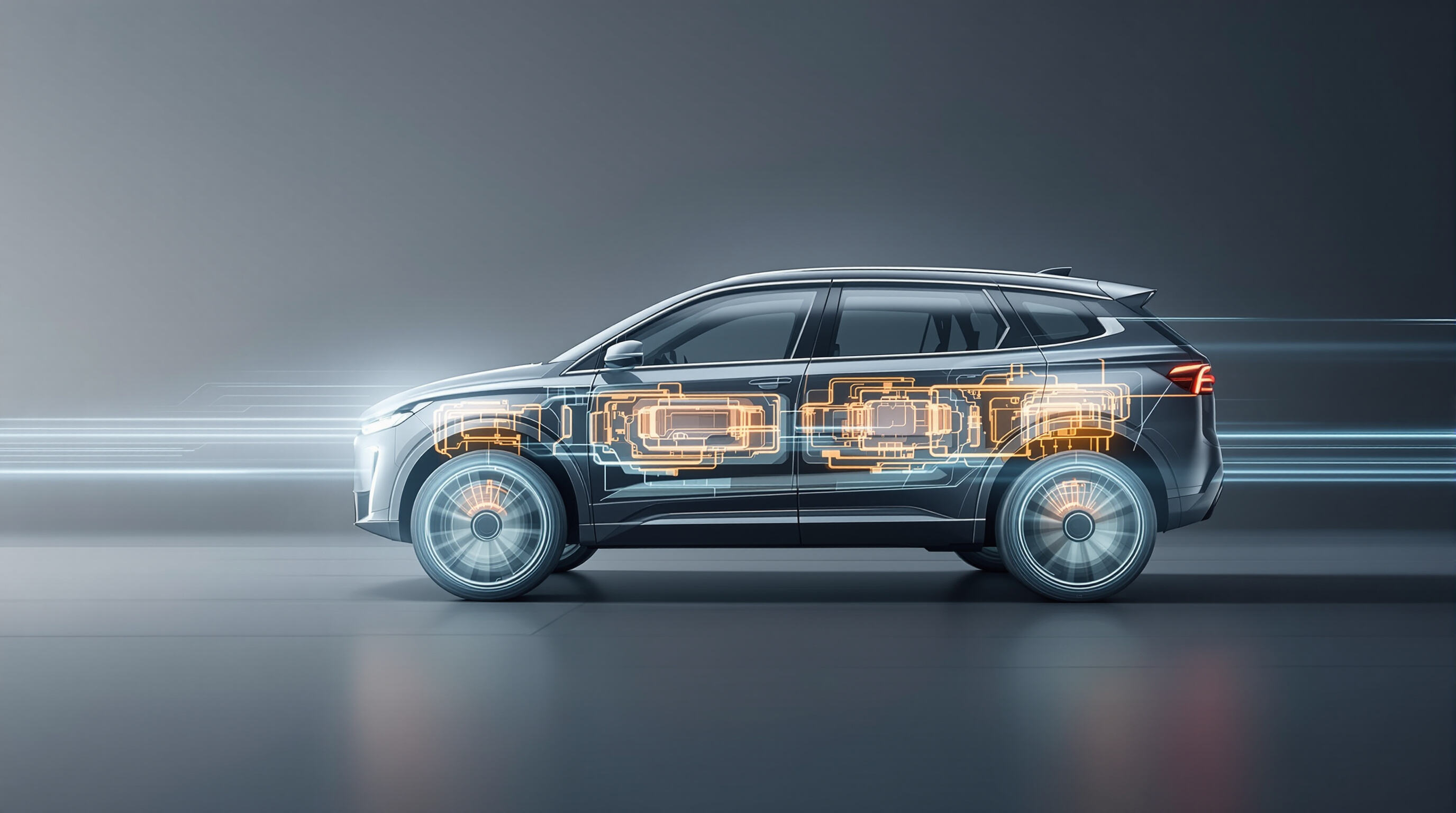Photorealistic image of a modern electric SUV highlighting its dual-motor all-wheel drive system