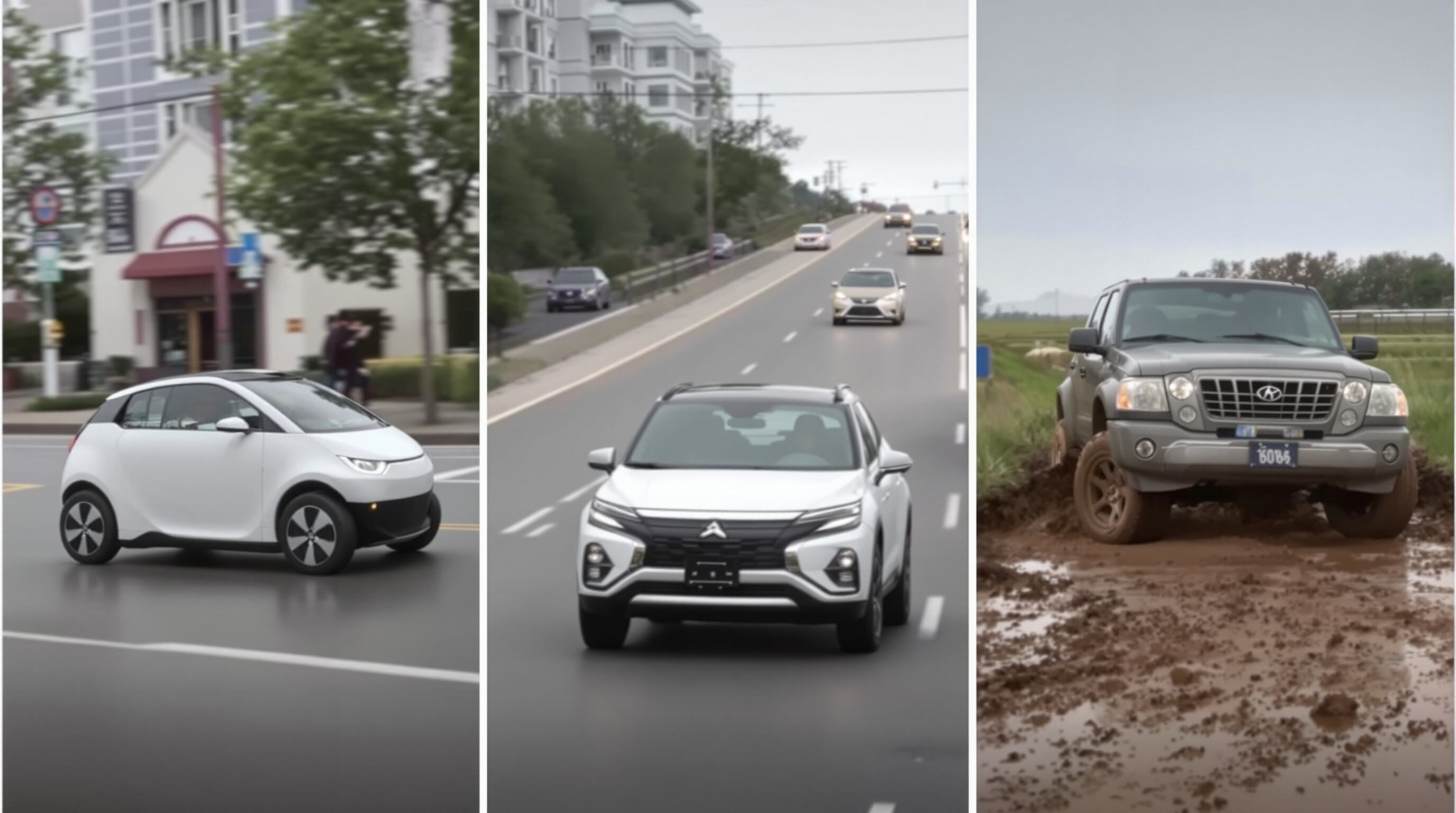 Three cars in different environments: city street, highway, and rural muddy road, showing adaptation to driving conditions