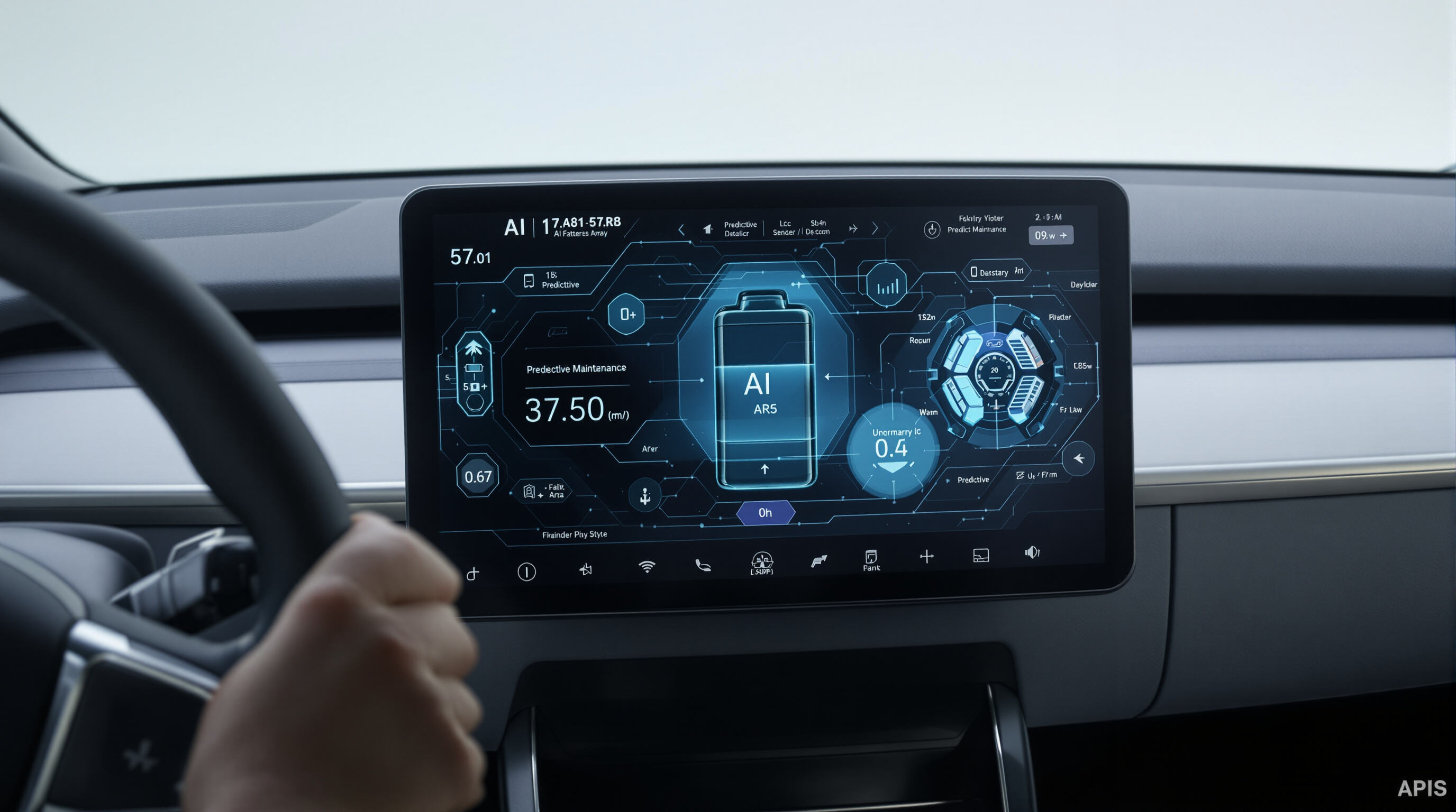 Electric vehicle interior showing AI battery management and predictive maintenance alerts on dashboard