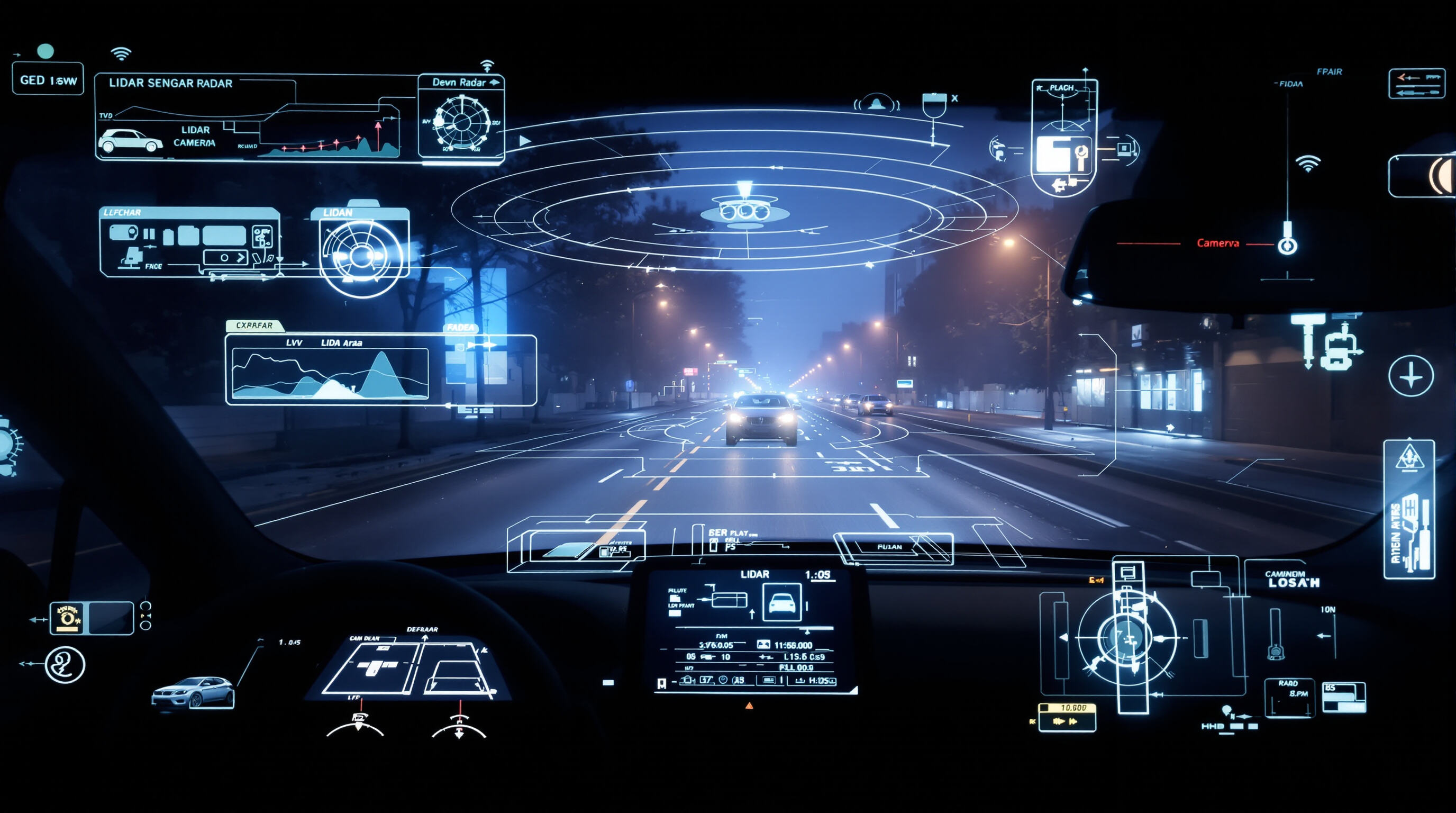 Car interior showing sensor array and dashboard, detecting road objects under low visibility