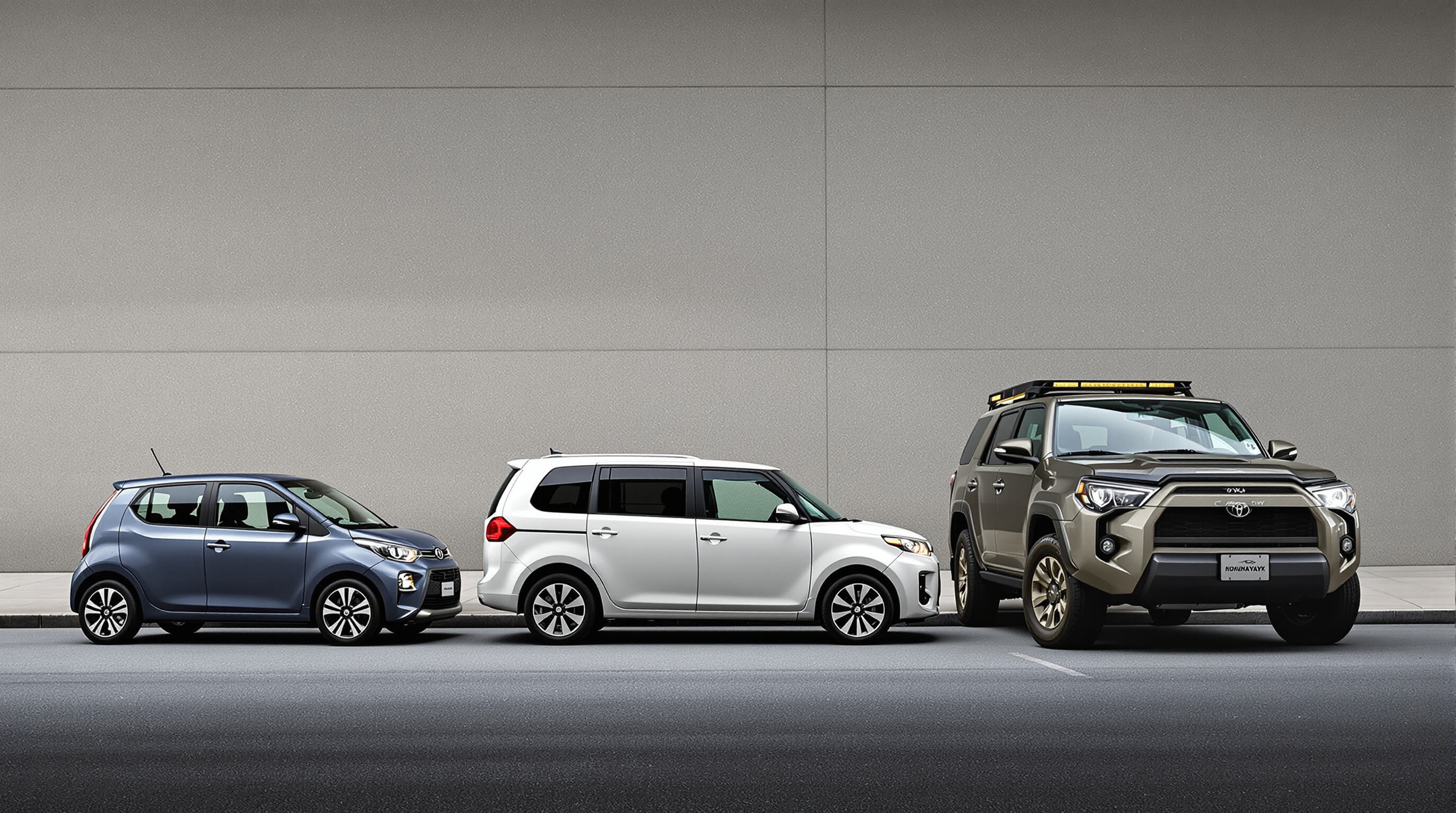 Three vehicles—a compact car, a minivan, and an SUV—parked side by side representing different lifestyle needs