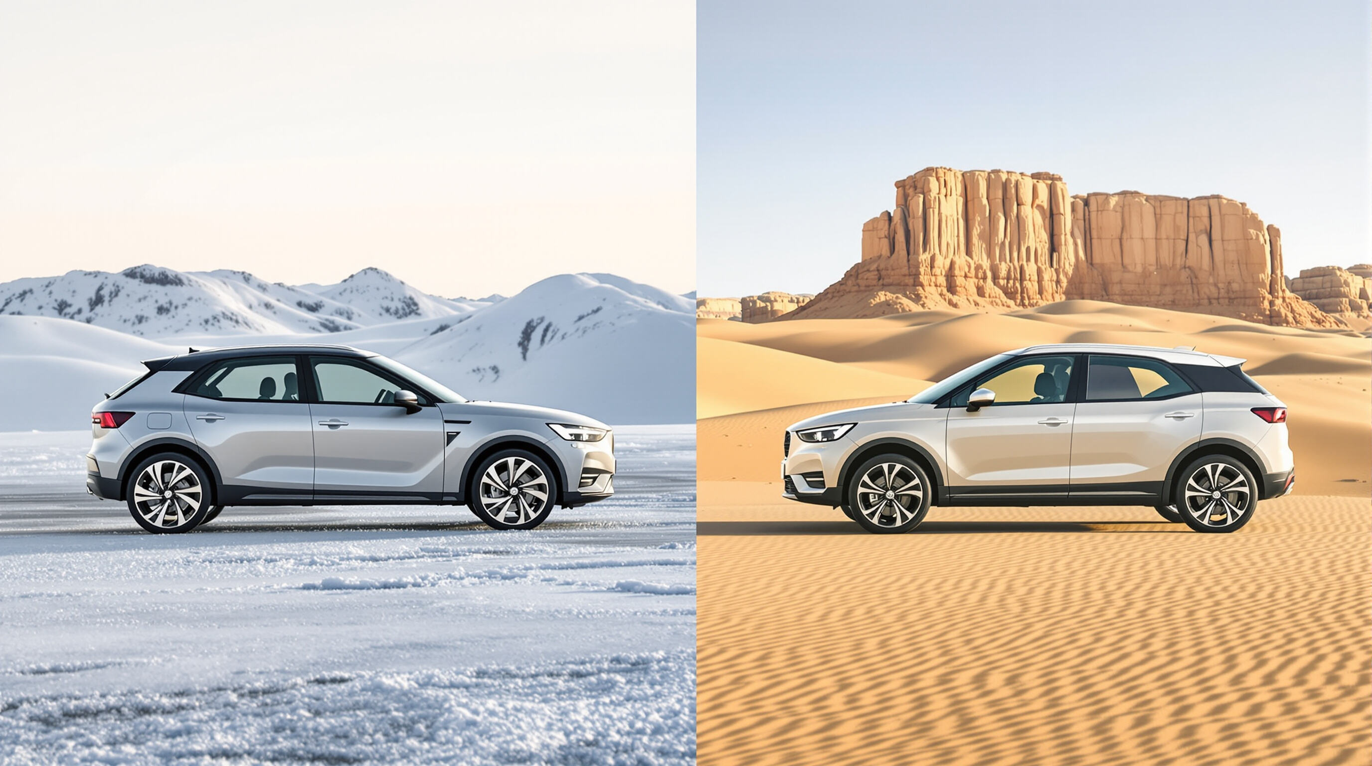 Two iCAR vehicles in extreme climates: one in Arctic snow and one in a hot desert setting