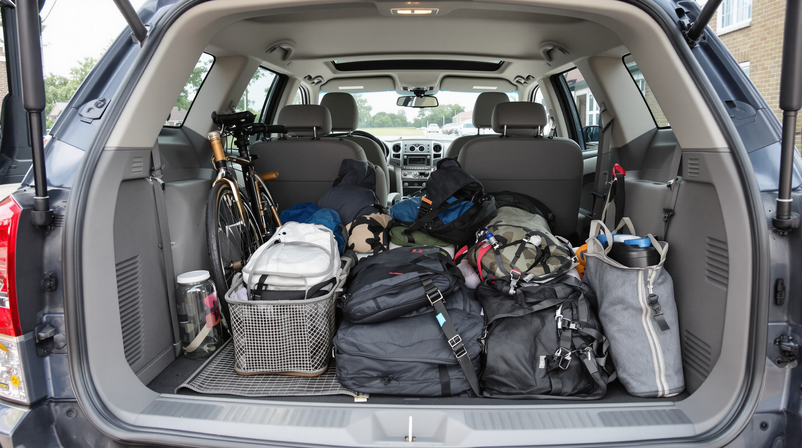 Photorealistic view of an SUV interior showing ample cargo space filled with travel gear and luggage