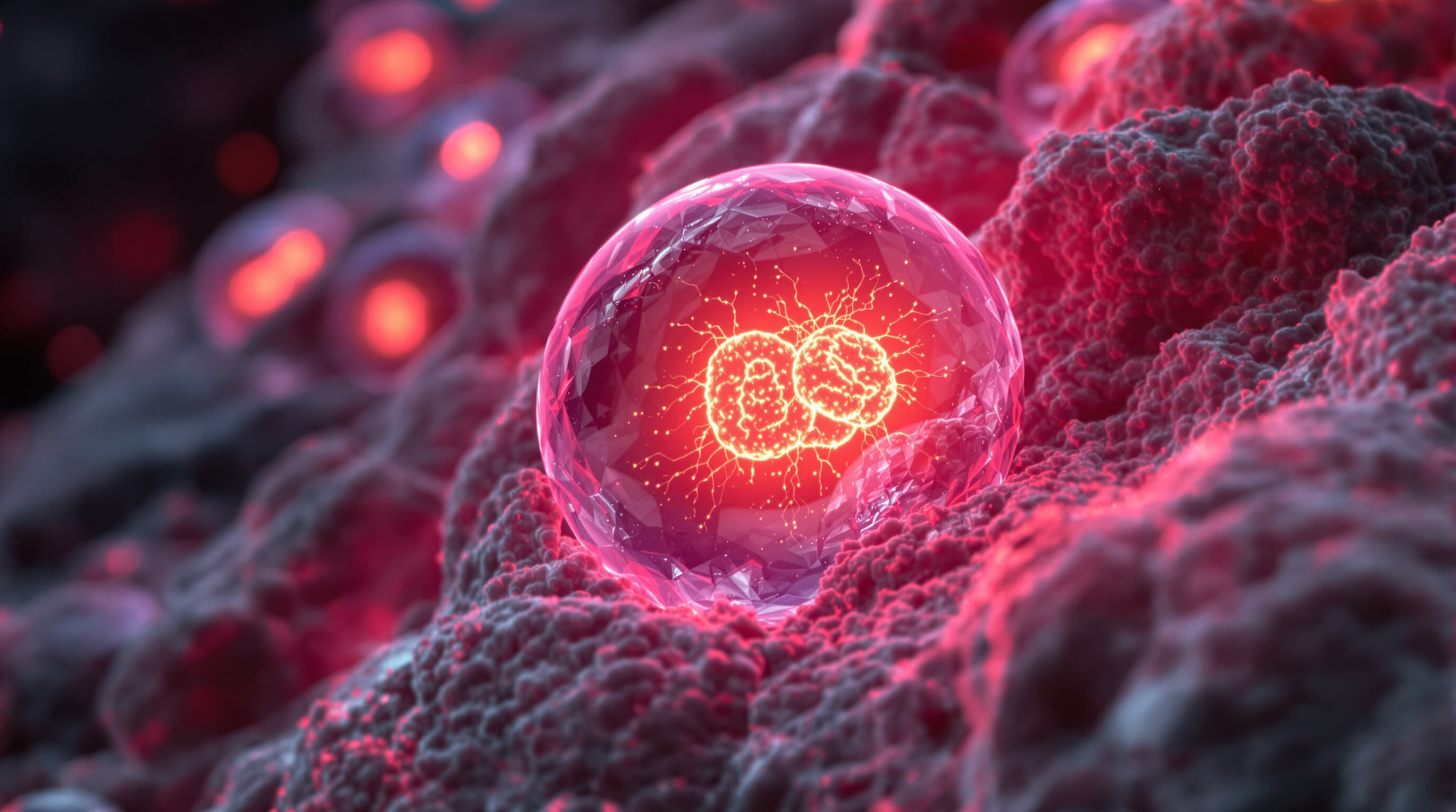 Close-up photorealistic image of human cells with glowing mitochondria stimulated by red and near-infrared light