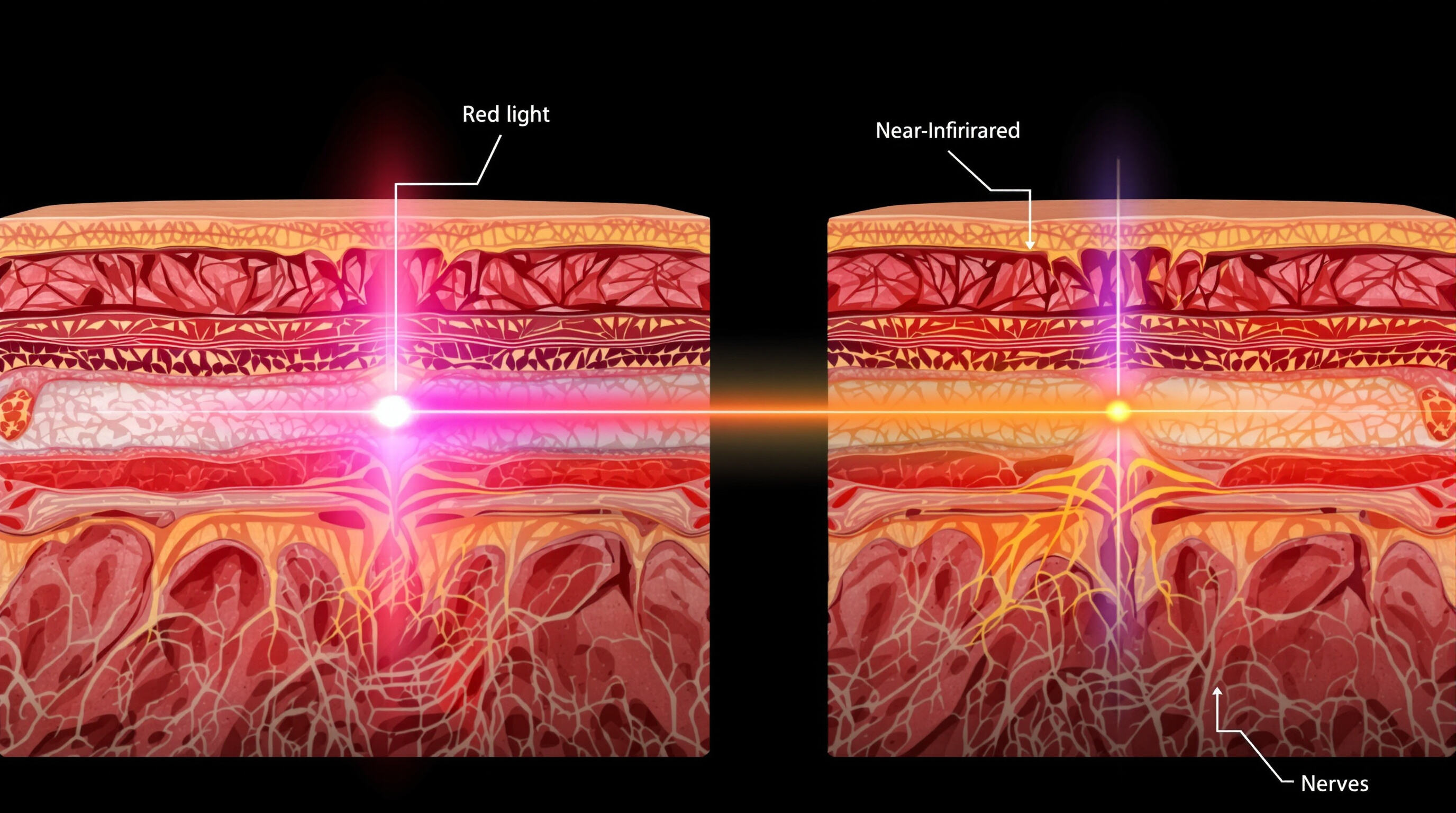 Cross-section of skin with red and near-infrared light beams penetrating to different tissue depths