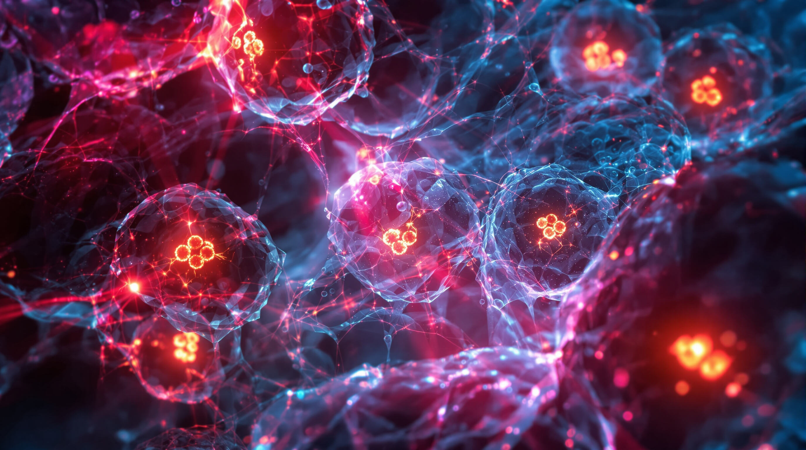 Close-up of human cells showing mitochondria illuminated by red and infrared light beams