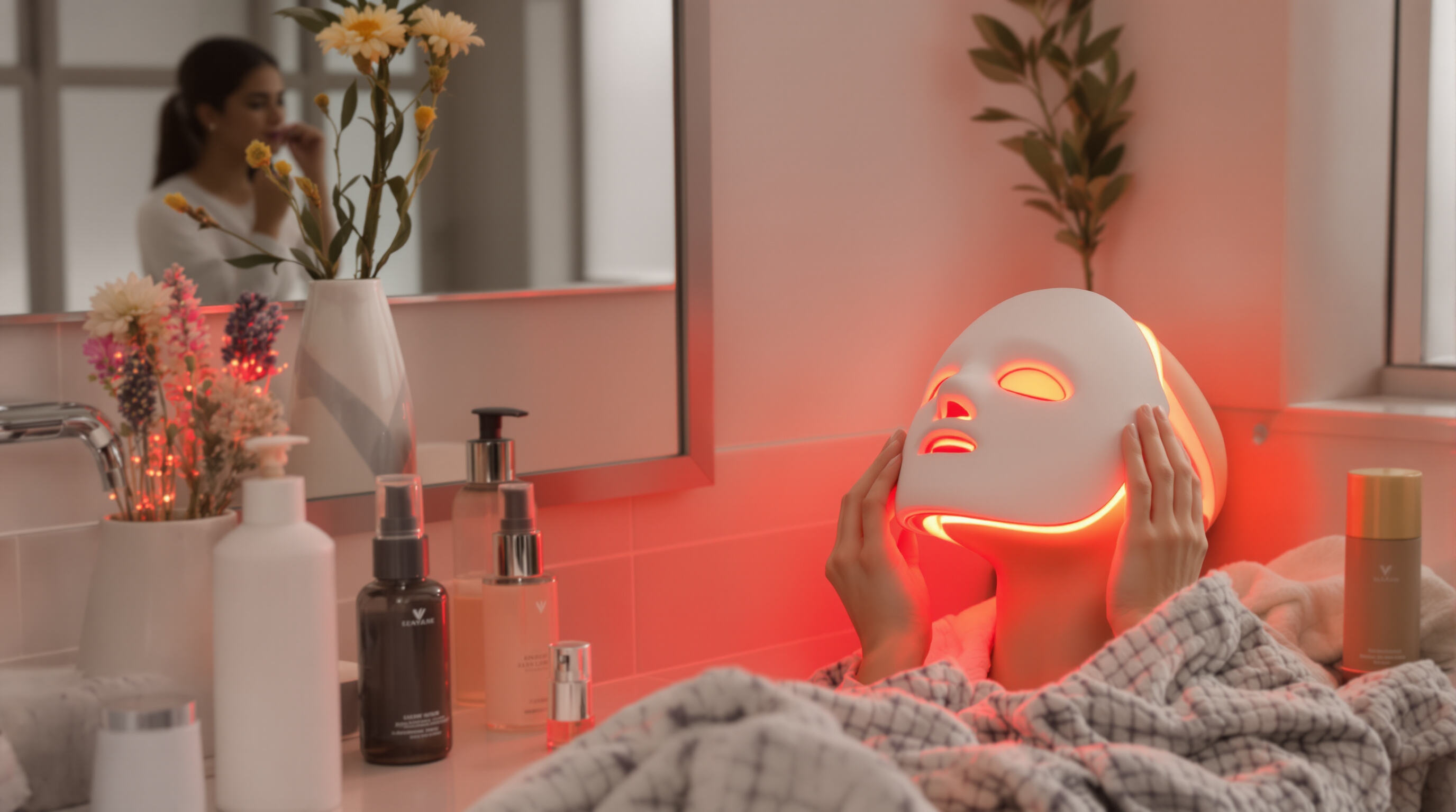A person at home preparing for red light therapy with a device and skincare products arranged on a bathroom counter