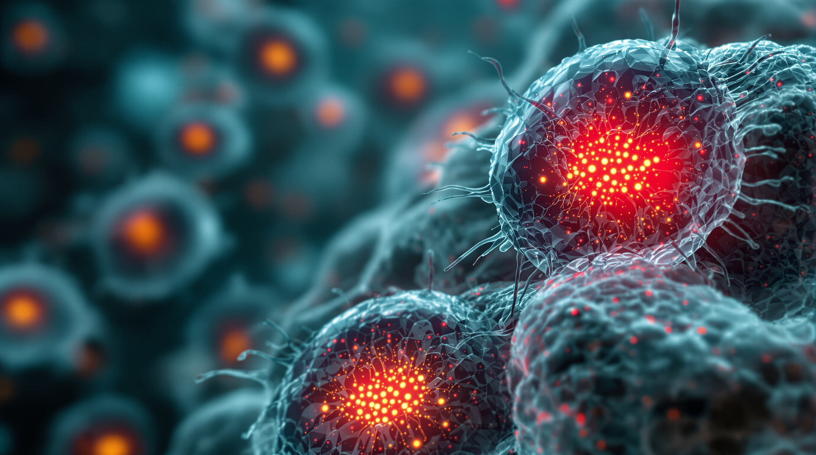 Photorealistic close-up of cells with glowing mitochondria absorbing red light