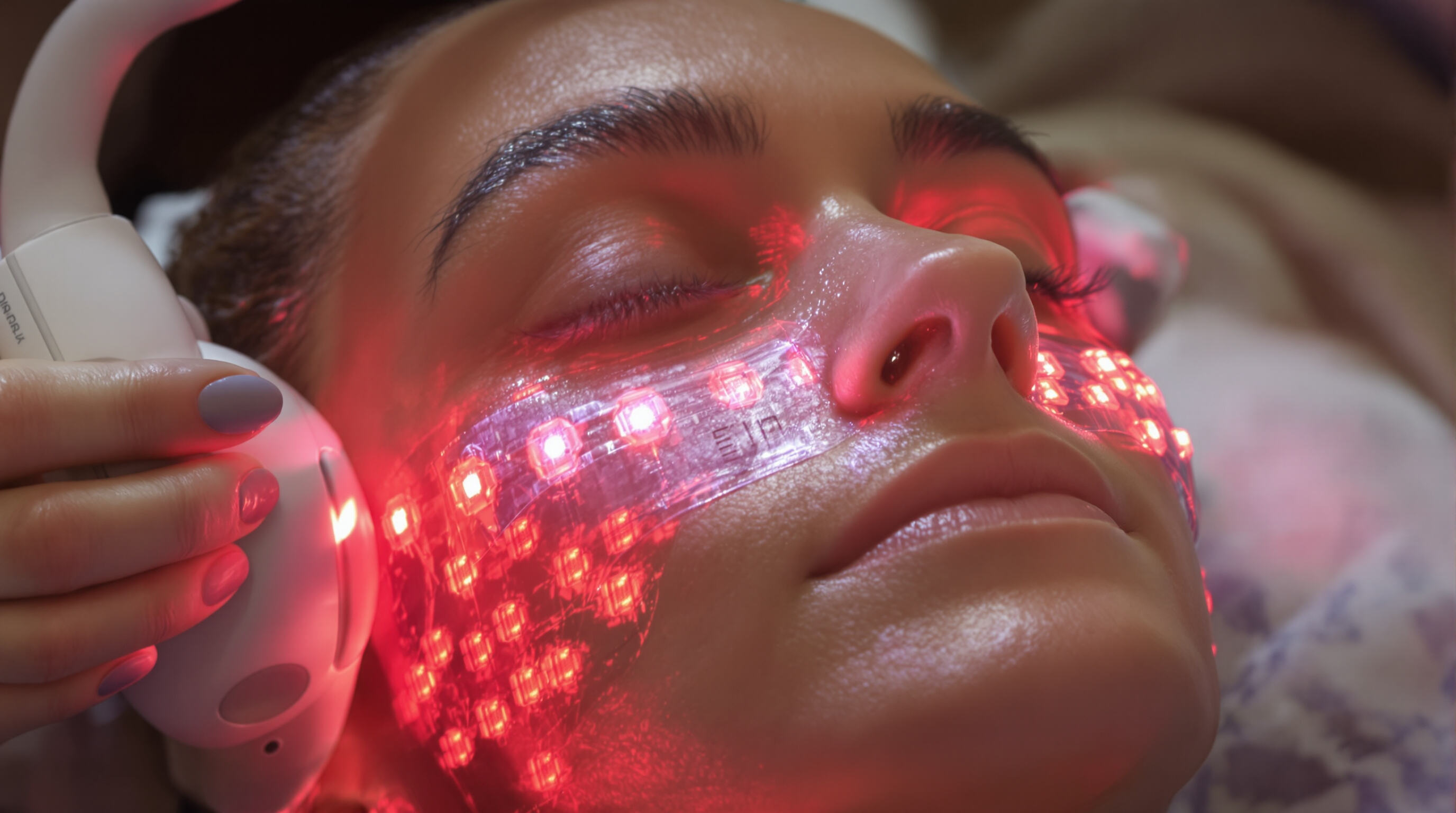 Face being treated by a dual-wavelength LED array emitting red and near-infrared light