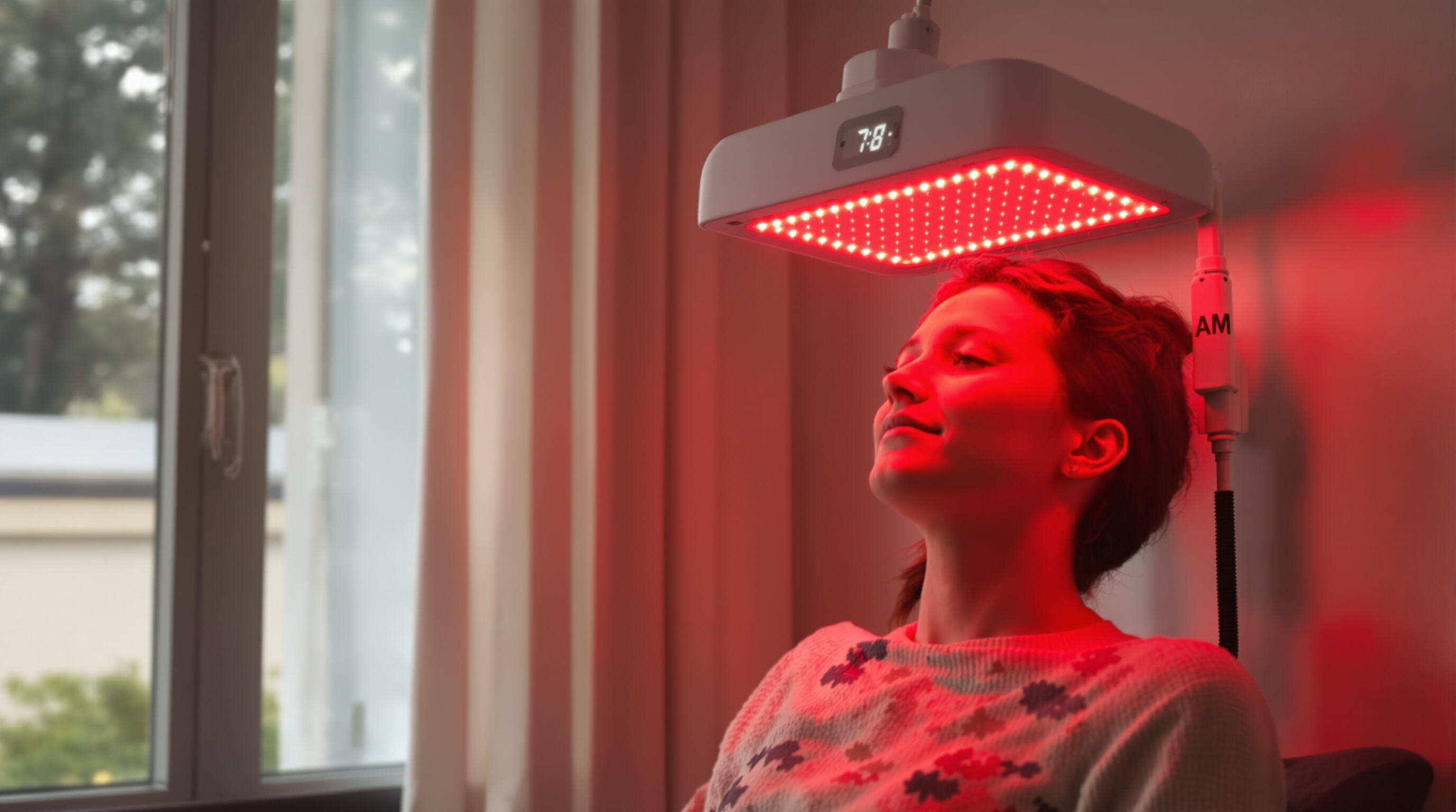 A person using a red light therapy panel in the morning, illuminated by soft red light in a calm, neutral-toned room