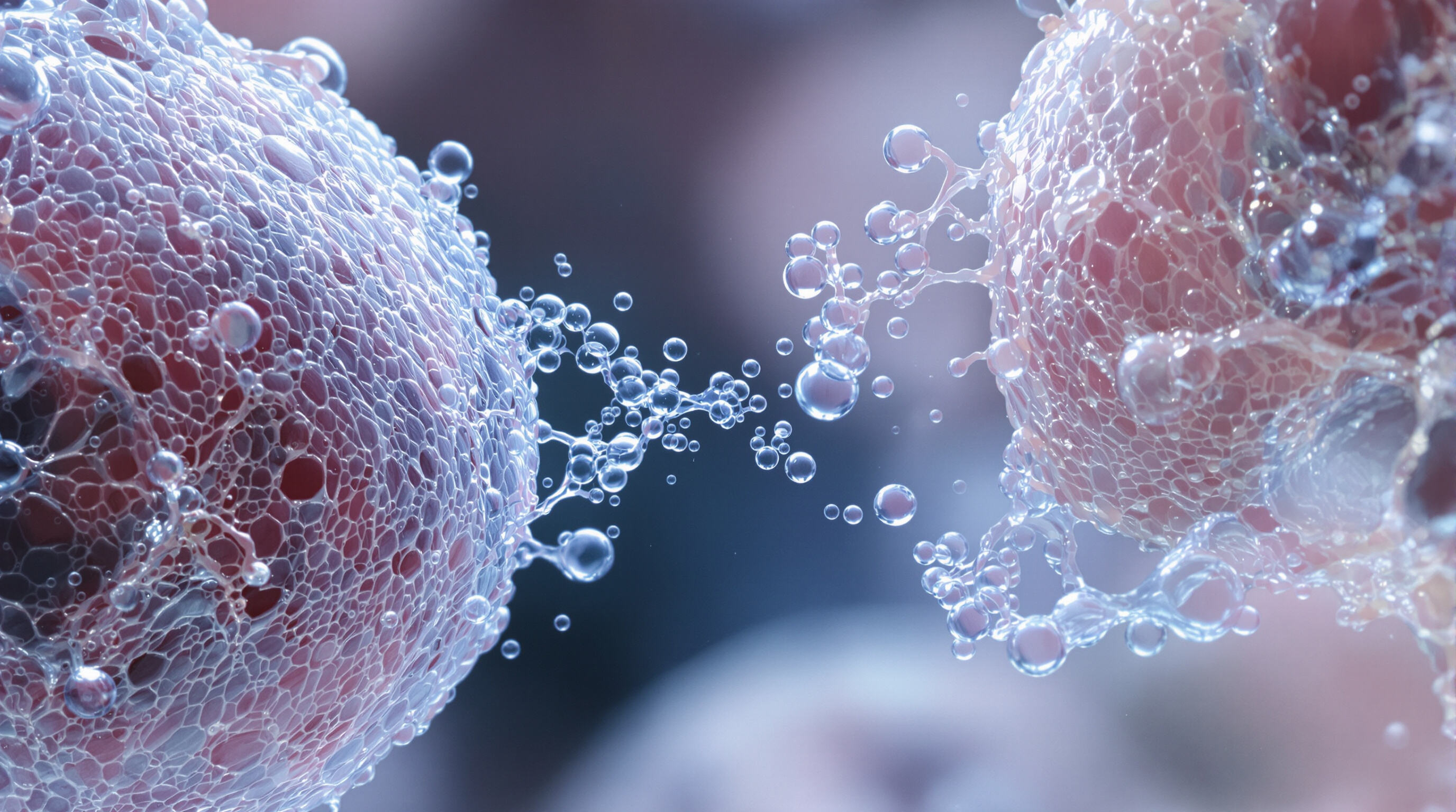 Close-up photorealistic visual of skin cells exchanging exosomes for intercellular communication