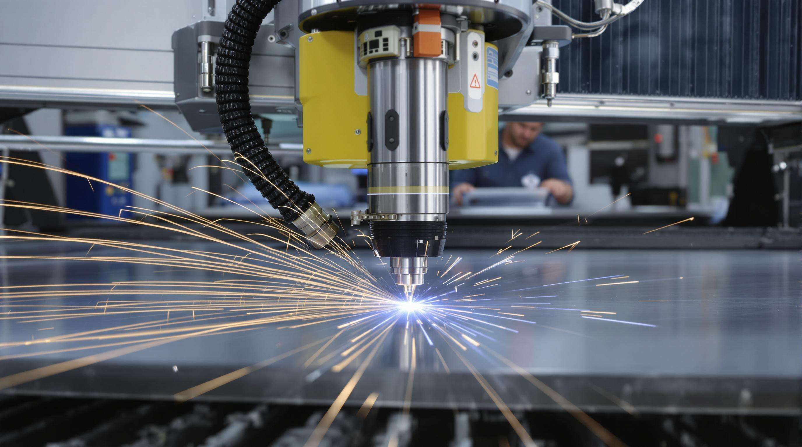 Fiber laser cutting steel in a modern industrial setting with technician observing
