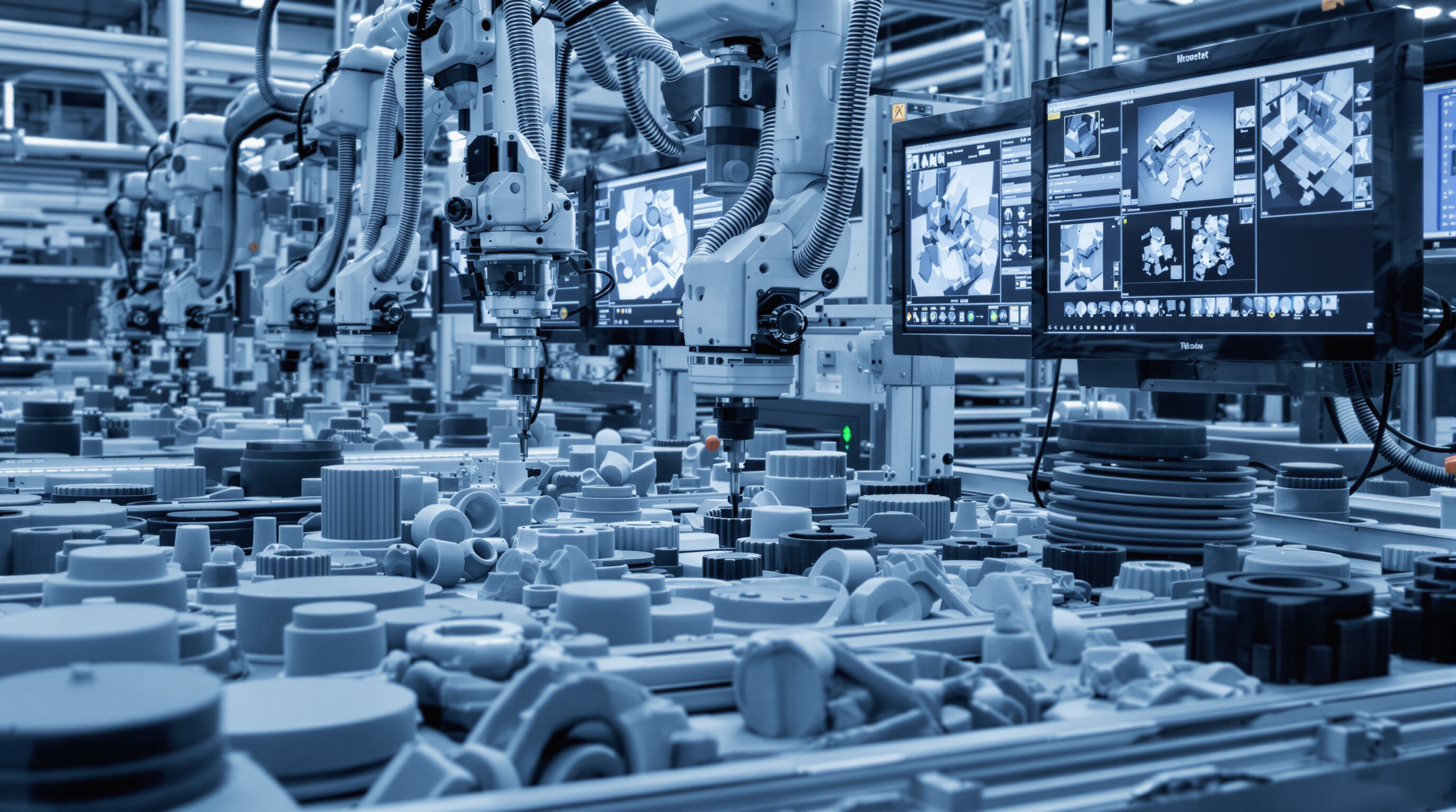 Automated vision systems with cameras and robotic arms inspecting rubber parts on a production line