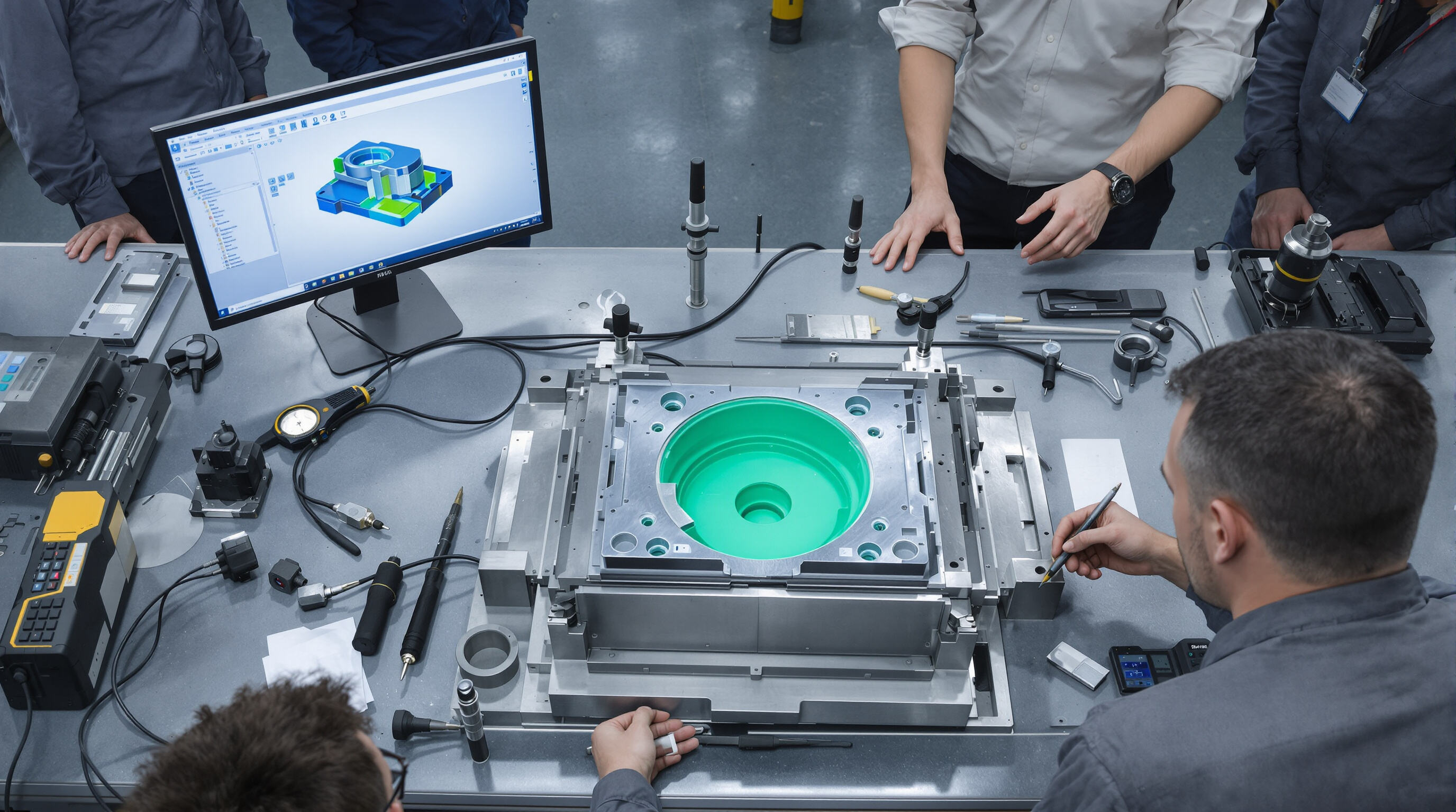 Engineers reviewing a CAD model and inspecting a molded rubber part in an industrial workshop
