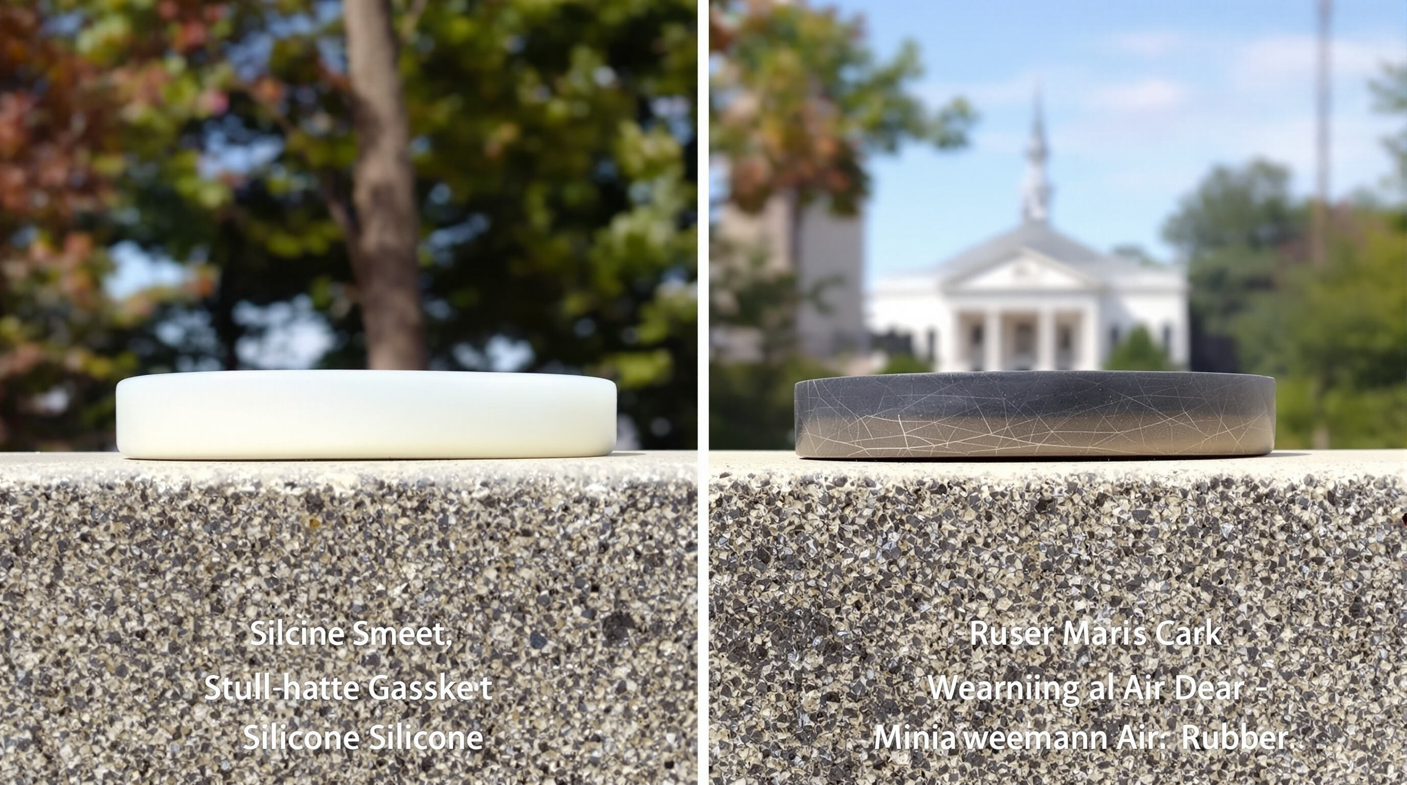 Outdoor comparison of silicone and rubber gasket samples, with silicone intact and rubber showing surface cracks from UV and ozone exposure