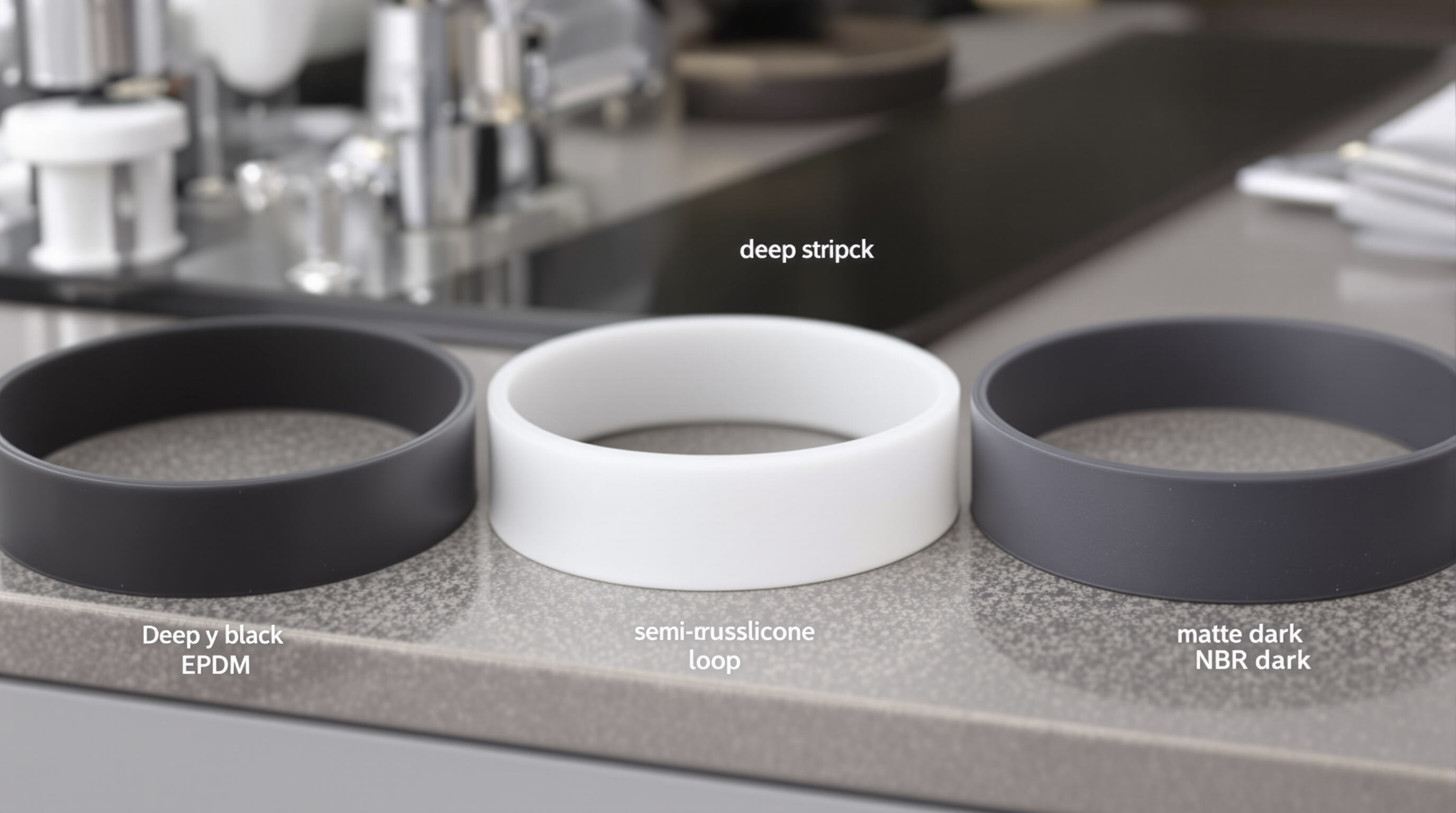Three types of rubber gasket samples side by side representing EPDM, silicone, and NBR on a neutral surface