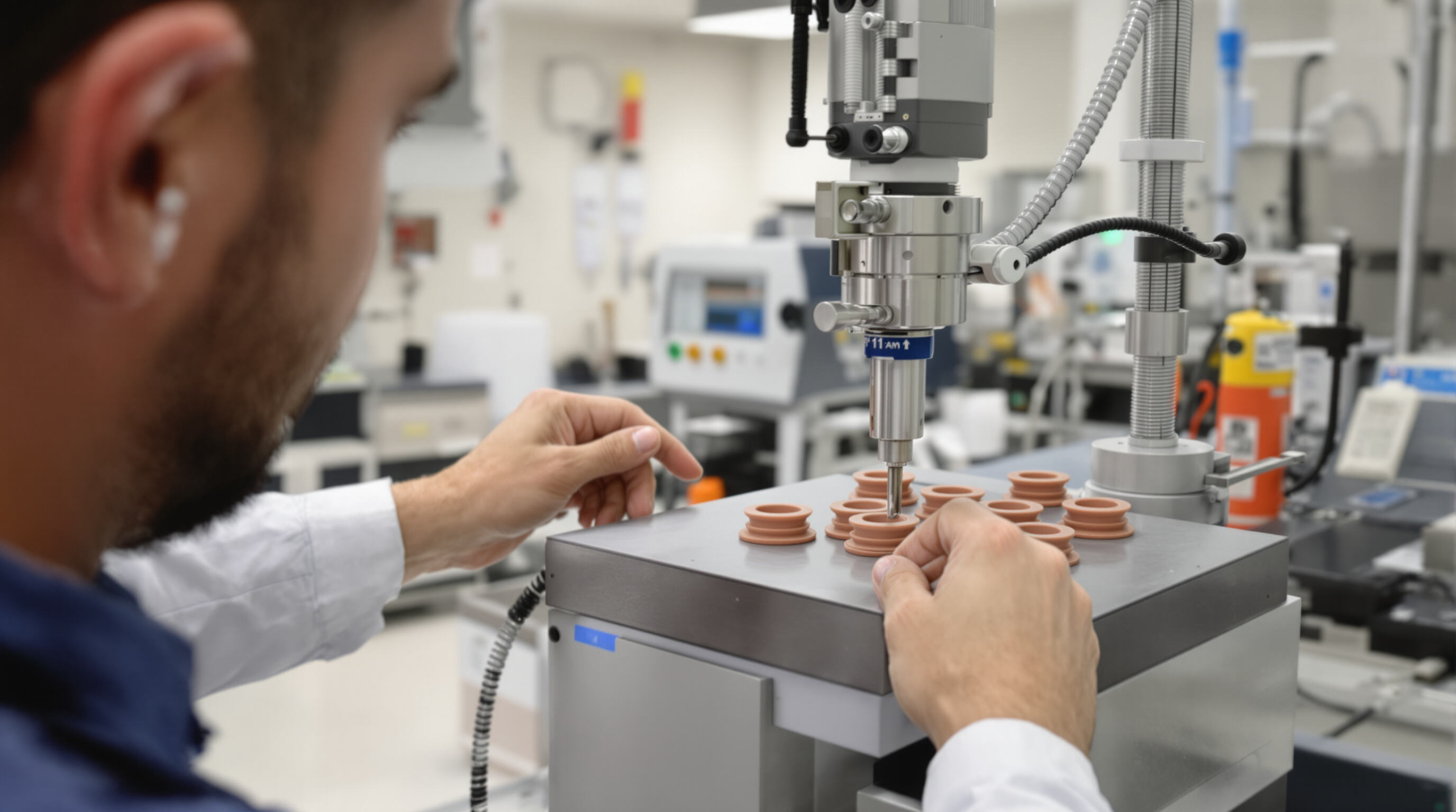 Technician testing the physical properties of rubber stoppers in a laboratory