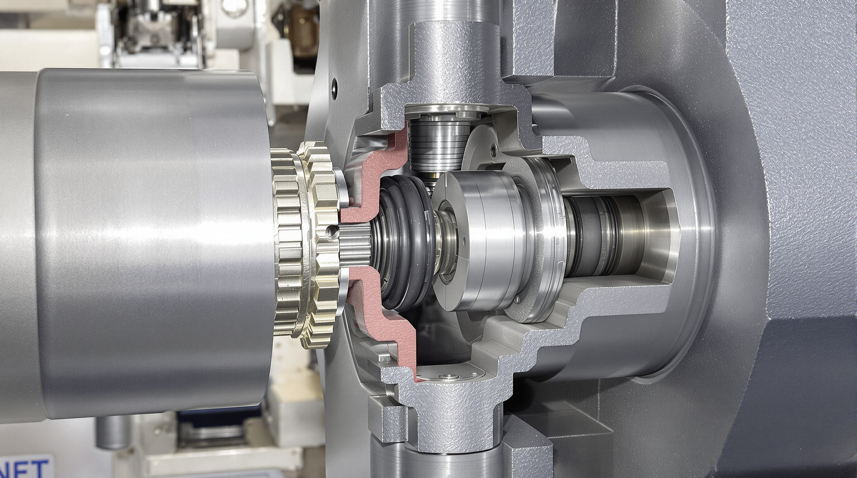 Photorealistic cross-section of an o-ring compressed between metal components, highlighting pressure effects and extrusion