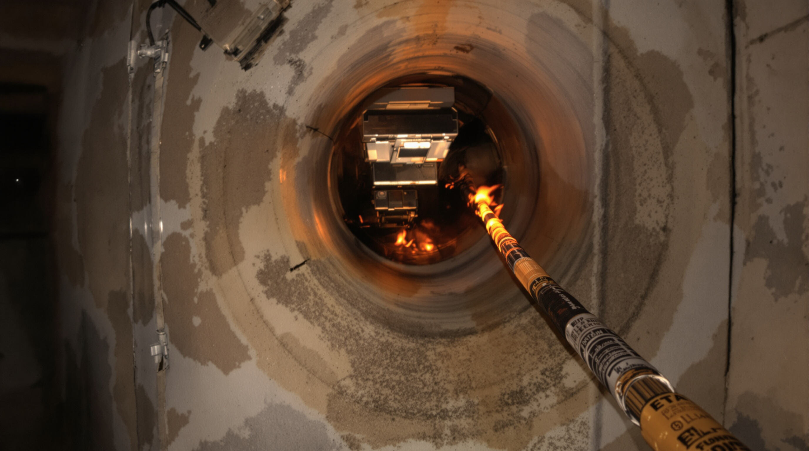Photorealistic image of heat-resistant electrical cables in a building shaft exposed to flames, insulation remains stable