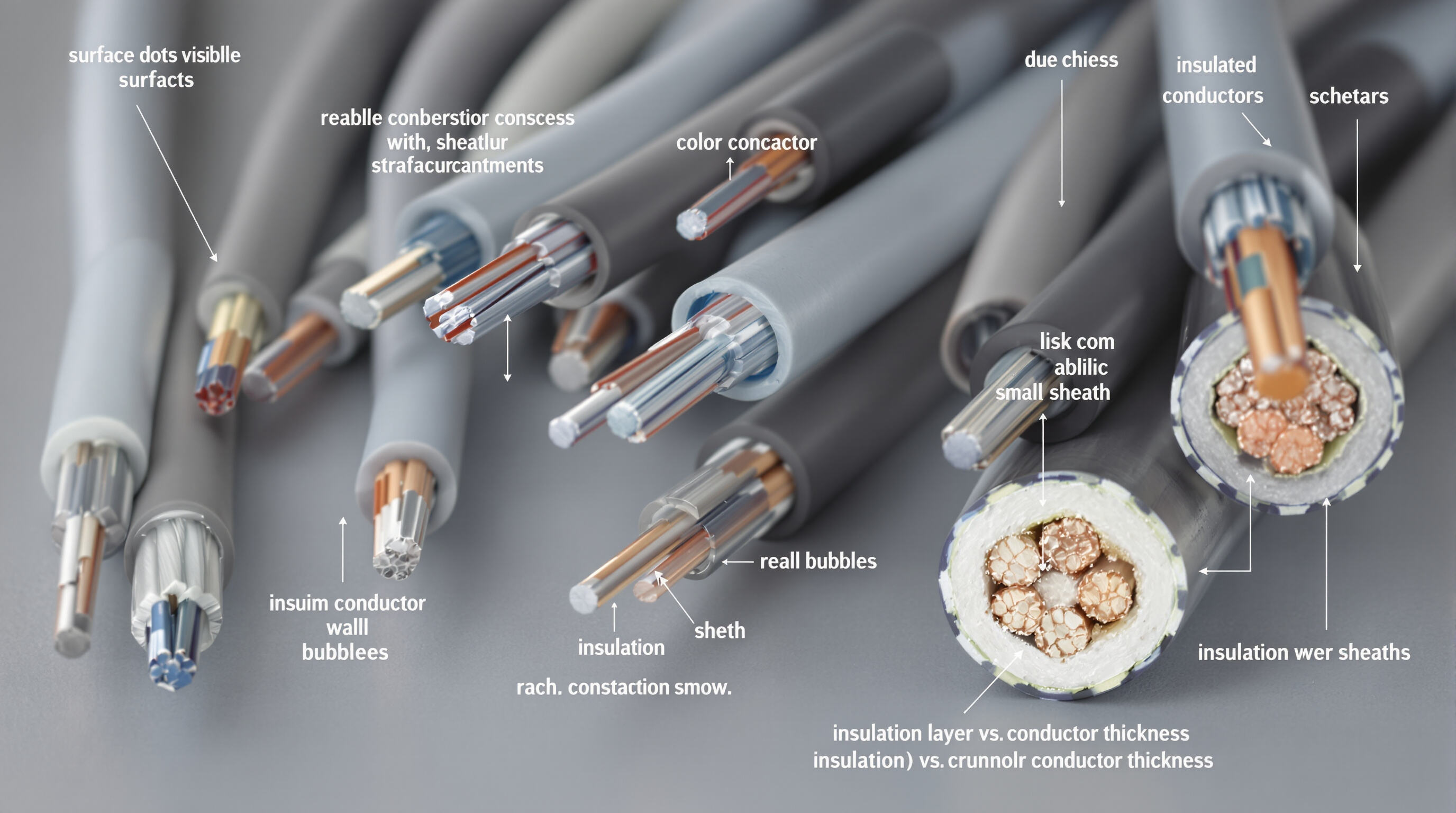 Close-up photo of electrical cables with visible sheath defects and conductor irregularities