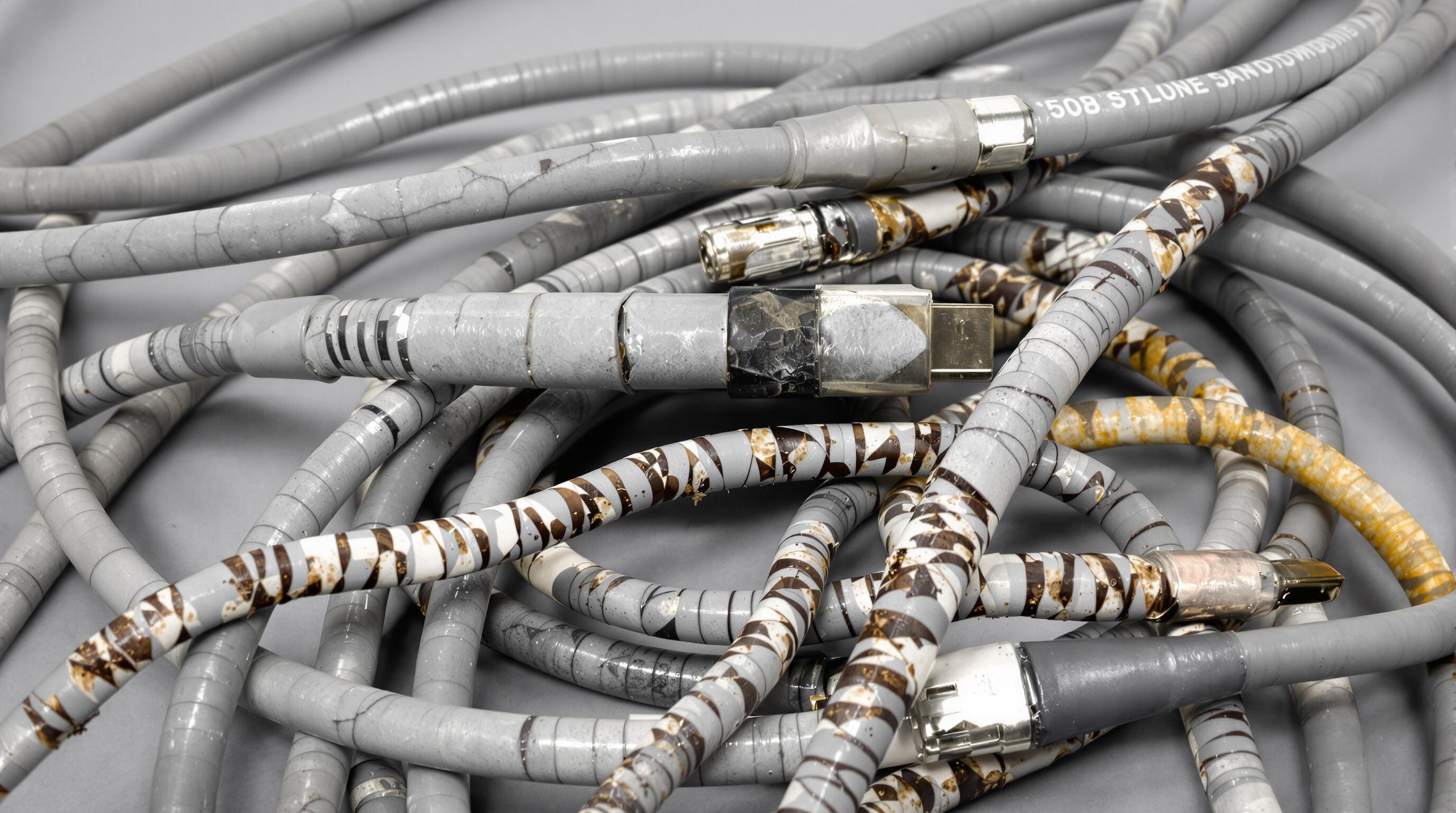 Photo of electrical wires showing cracks, heat damage, and moisture swelling at bends