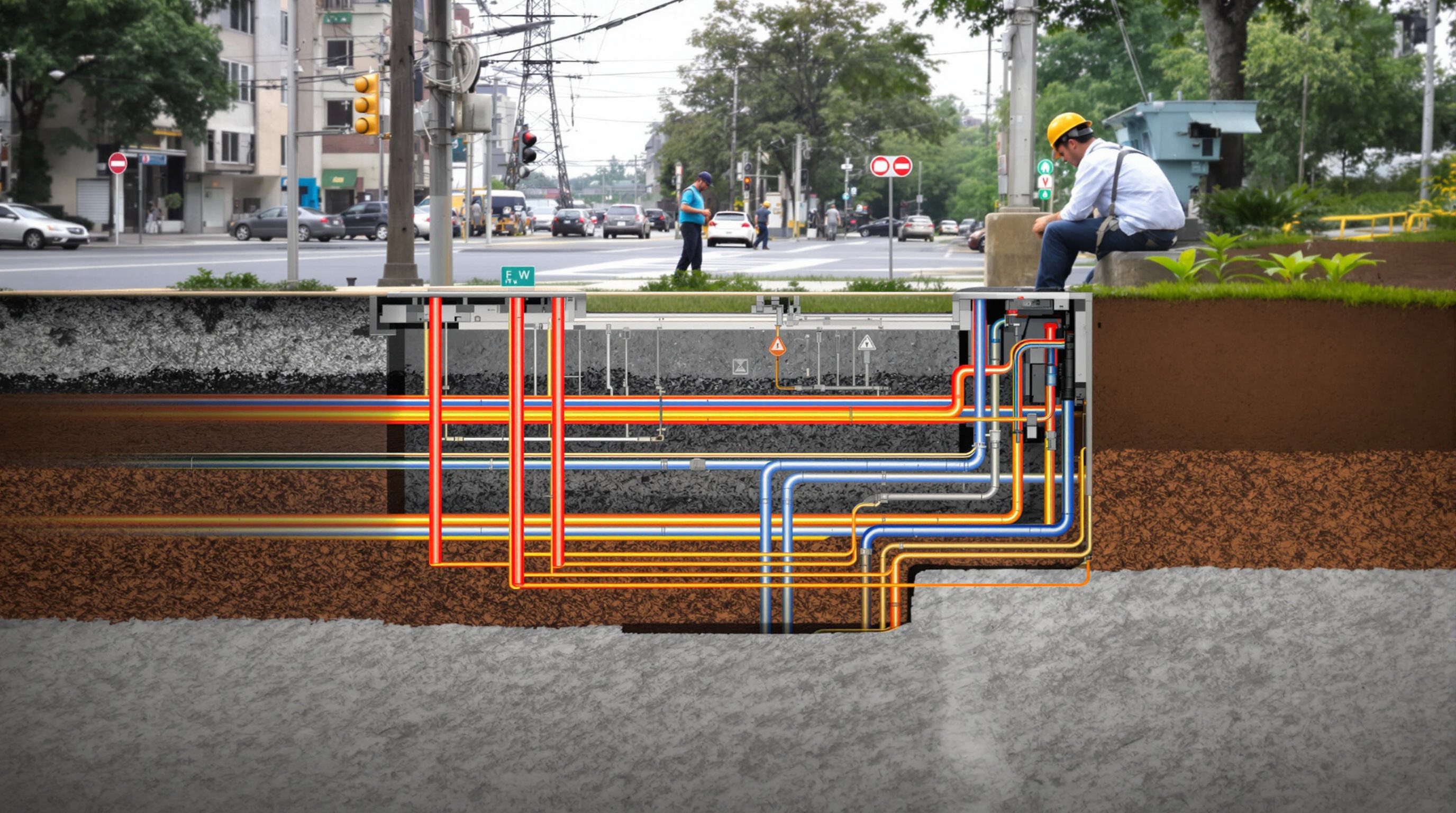 Cross-sectional view of underground high voltage cables showing heat dissipation, layers of soil and backfill, with a technician monitoring sensors.