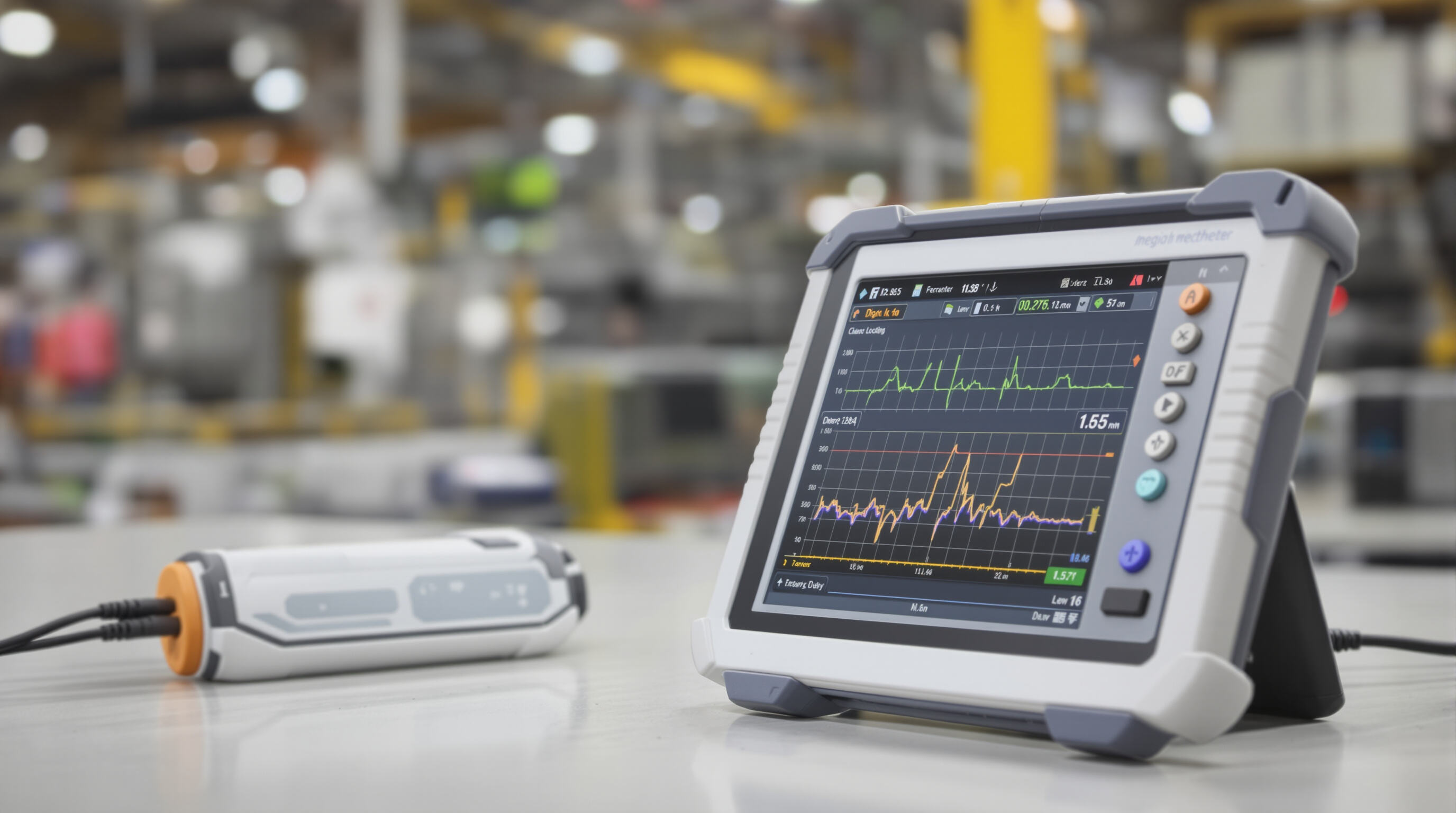 Modern digital megohmmeter and tablet displaying wireless insulation test results connected to low voltage cables