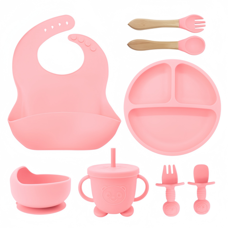 product custom bpa free baby feeding set 8 pcs food grade soft silicone tableware kids bib straw cup food plate  bowl  for baby nursing-45