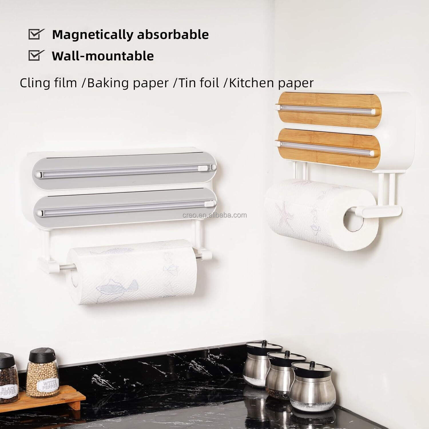 product cling film dispenser  cutter wall mount magnetic plastic kitchen holder for baking paper roll foil  plastic wrap organizer-31