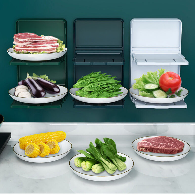 product new retractable wall mounted abs plastic food preparation rack 2 layer foldable dish plate holder kitchen accessory storage rack-33