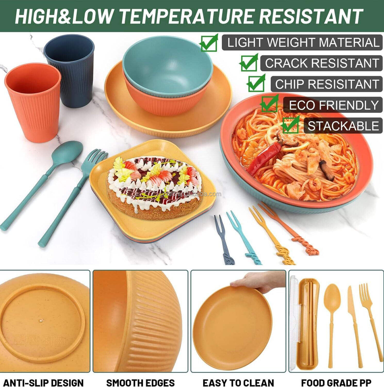 Eco-friendly Wheat Straw Dinnerware Set Home School Restaurant Tableware Bowls Cups Plates Spoon Chopsticks Cutlery Gift Set factory