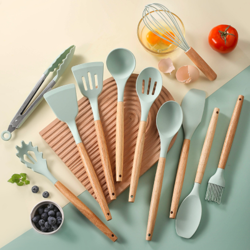 product heat resistance wooden handle non stick silicone utensil set for kitchen cooking spoons spatulas utensil set accessories-32