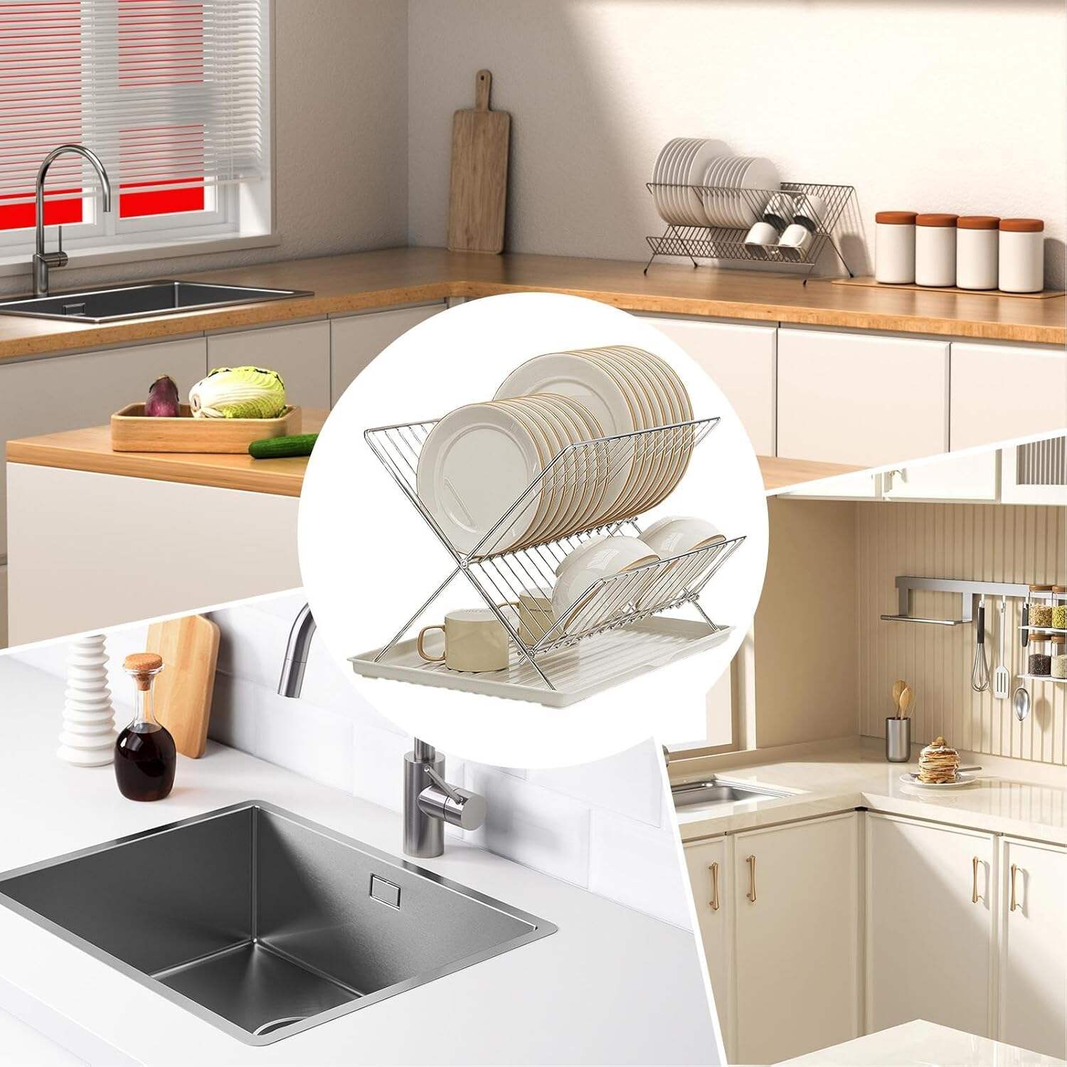 product super quality metal kitchen drain rack x shape 2 tier foldable dish drying rack with draining tray for kitchen countertop-39