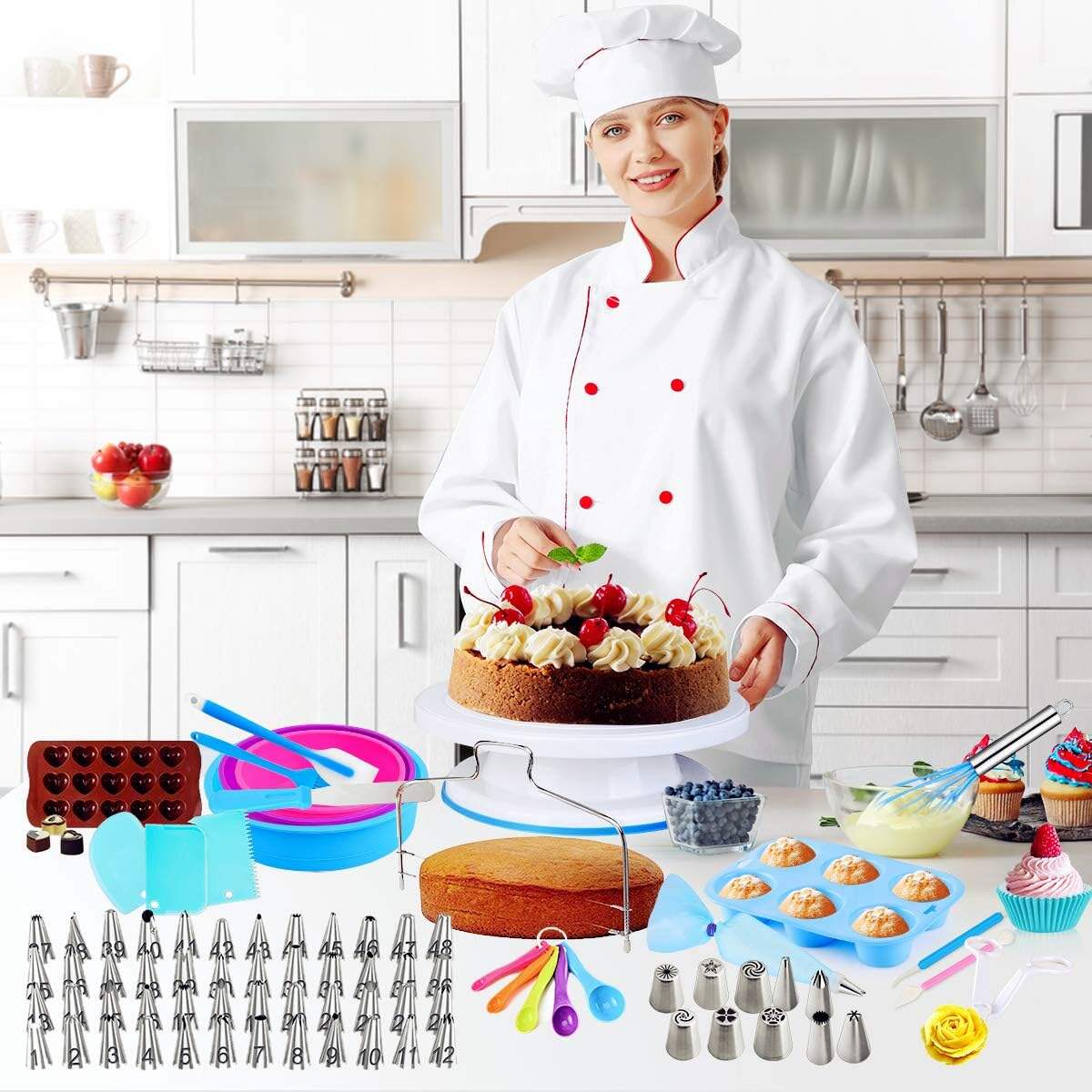 product diy cake decorating supplies gift kit bakeware set for cake baking beginners and professioners with cake turntable baking tools-31