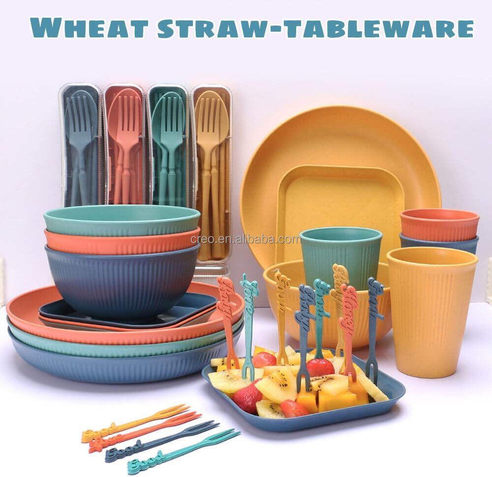 Eco-friendly Wheat Straw Dinnerware Set Home School Restaurant Tableware Bowls Cups Plates Spoon Chopsticks Cutlery Gift Set factory