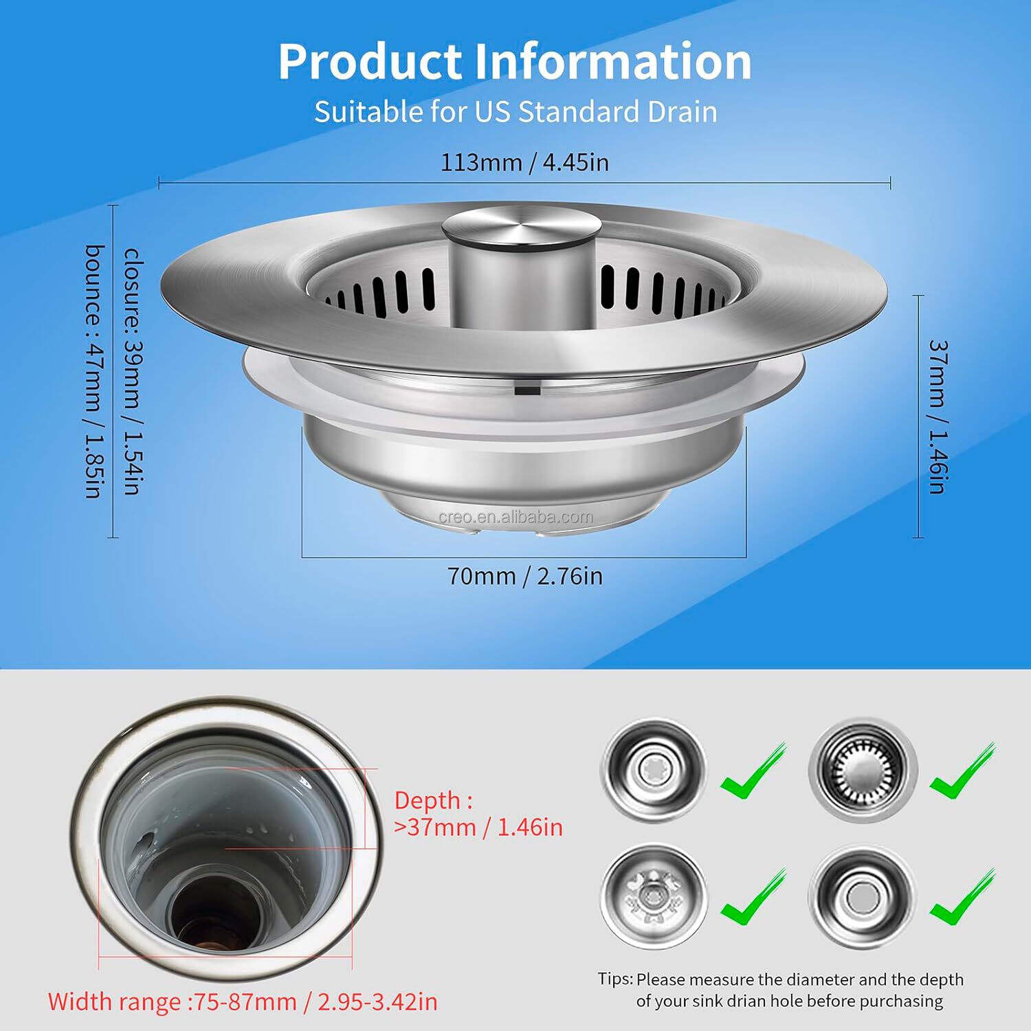 Stainless Steel US Standard 3-1/2'' Kitchen Sink Strainer Blocker Set Bounce Core Drain Plug Bathroom Sewer Anti-clogging Plug manufacture