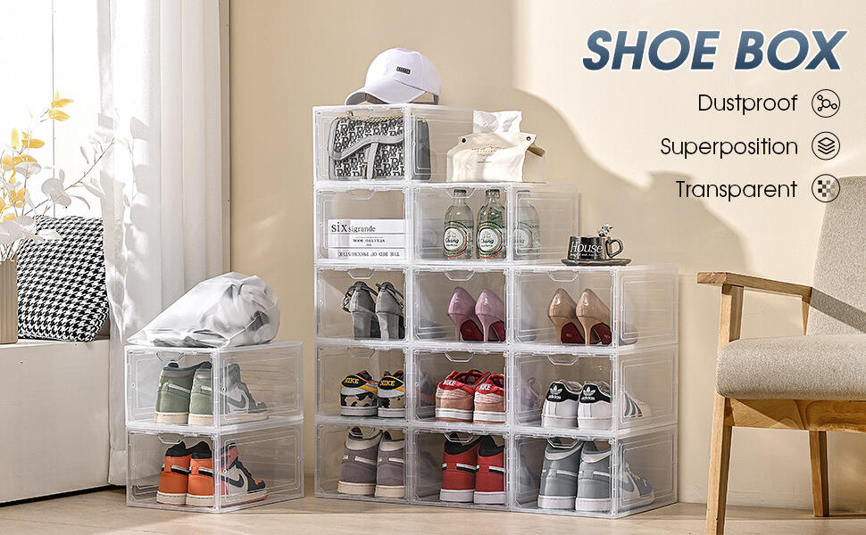 Custom Transparent PP Plastic Foldable Shoe Boxes & Organizers Stackable &Detachable Multifunction Sneakers Storage Display Bins details