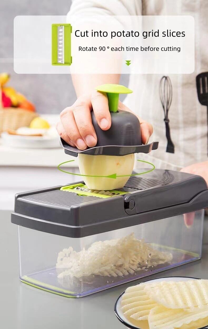 product new premium multifunctional fruit  vegetable chopper with 8 blades  container 12 in 1 manual food cutter slicer dicer  grater-50