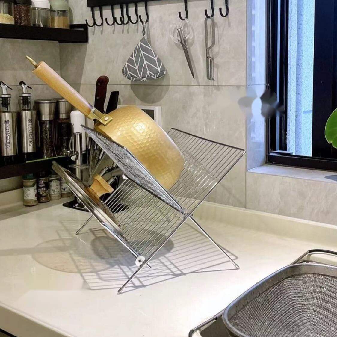 product super quality metal kitchen drain rack x shape 2 tier foldable dish drying rack with draining tray for kitchen countertop-38