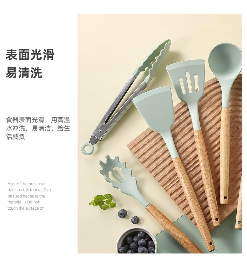 product heat resistance wooden handle non stick silicone utensil set for kitchen cooking spoons spatulas utensil set accessories-37