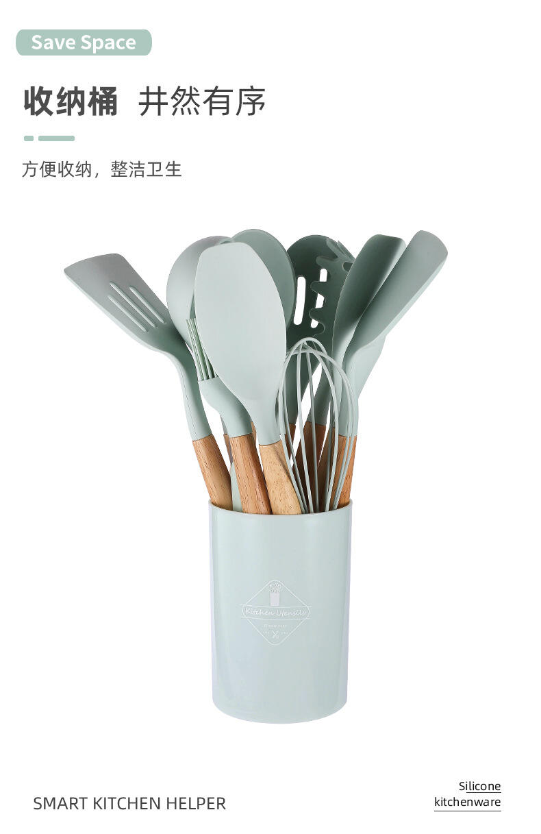 product heat resistance wooden handle non stick silicone utensil set for kitchen cooking spoons spatulas utensil set accessories-38